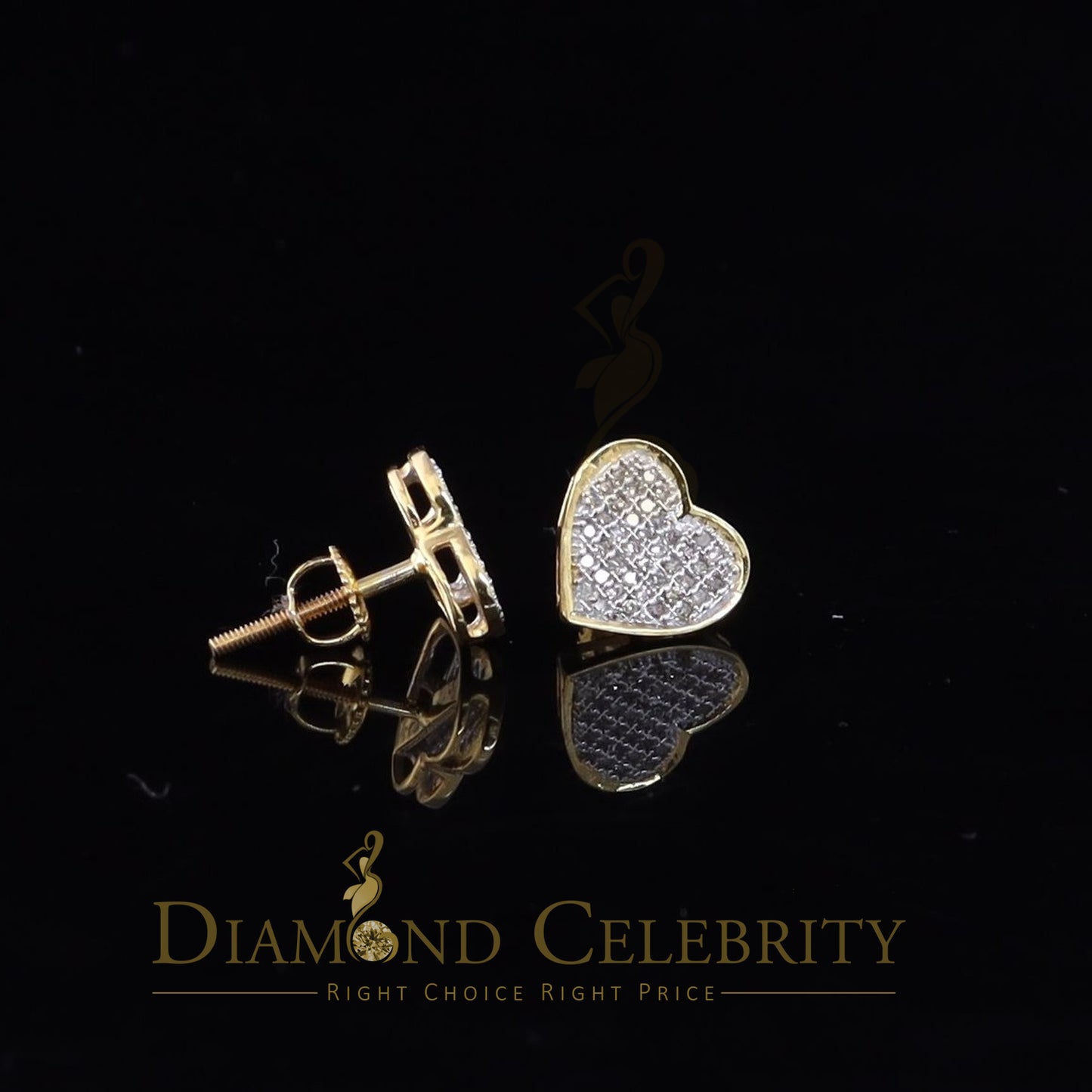 DiamondCelebritees Real 10K Yellow Gold Heart Round Stud 8.58mm Earrings with Real 0.25CT Diamonds