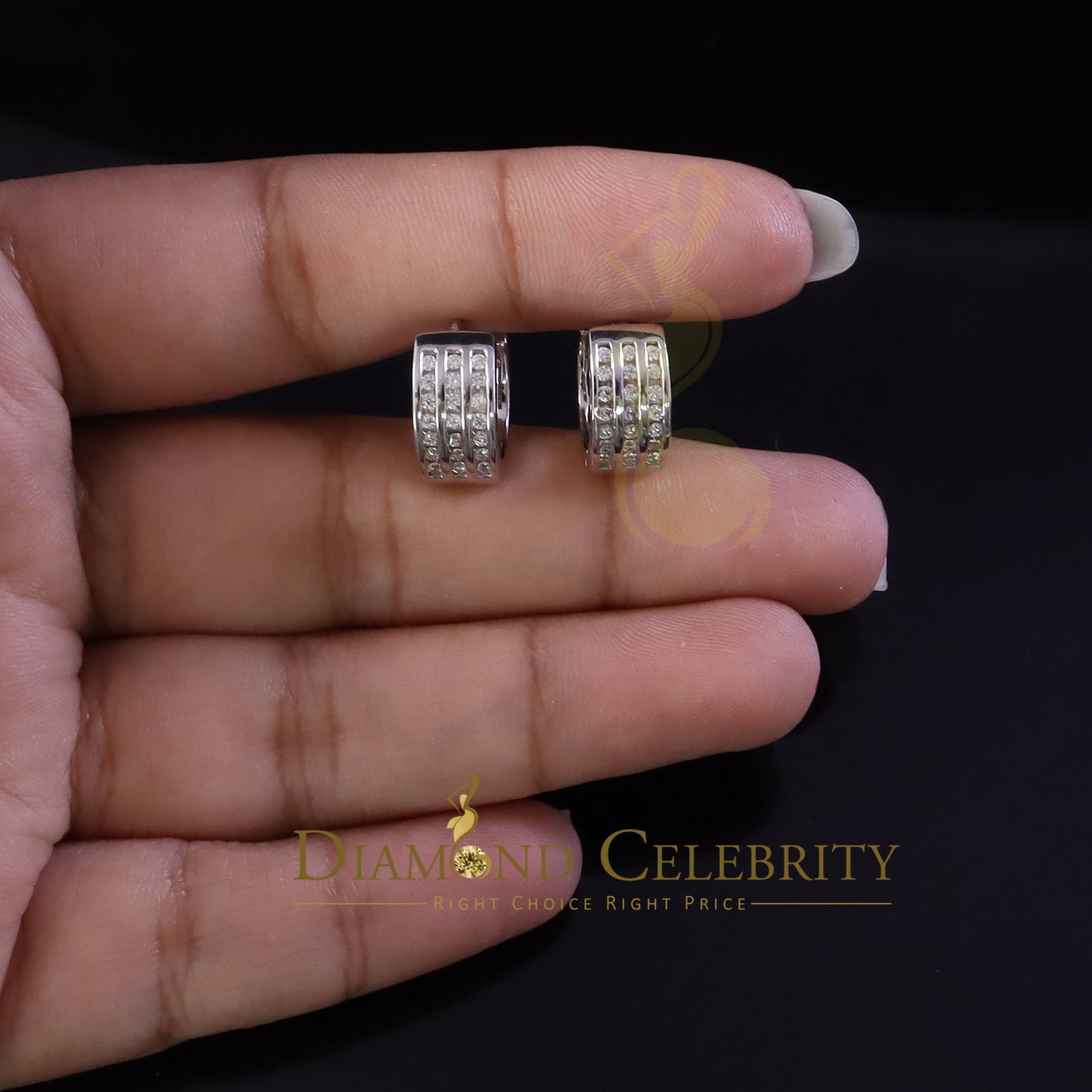 DiamondCelebritees Mens hip hop white Gold 925 Sterling Silver Iced 3 row Huggie Hoop earrings