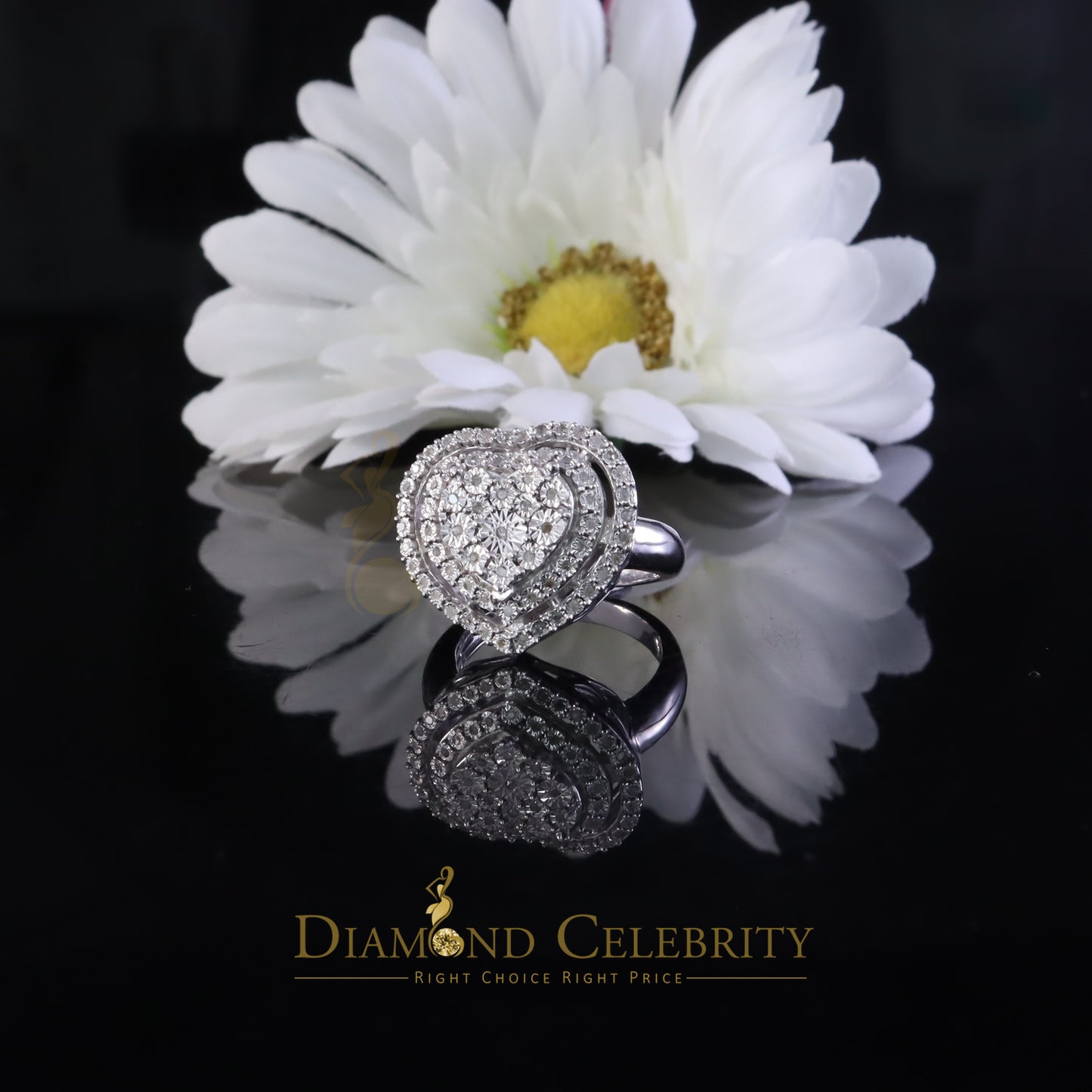 DiamondCelebritees New Big Heart Real Diamond 0.33ct White 925 Sterling Silver Women Charm Ring SZ8