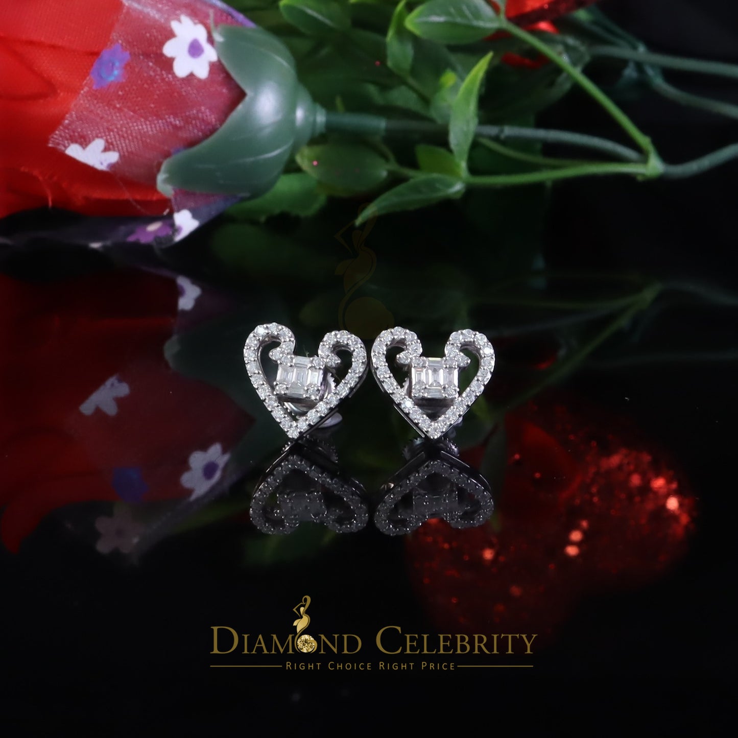 Diamondcelebritees Men/Women Stud 925White Silver Heart Baguette Earrings 1.00ct VVS D Moissanite