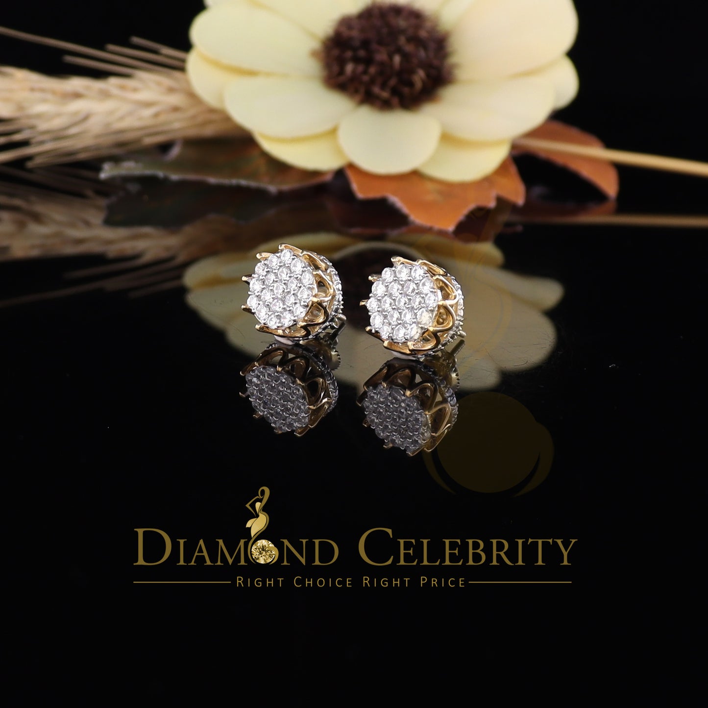 DiamondCelebritees Hip Hop Yellow 925 Silver 2.04ct Cubic Zirconia Women's & Men's Floral Earrings
