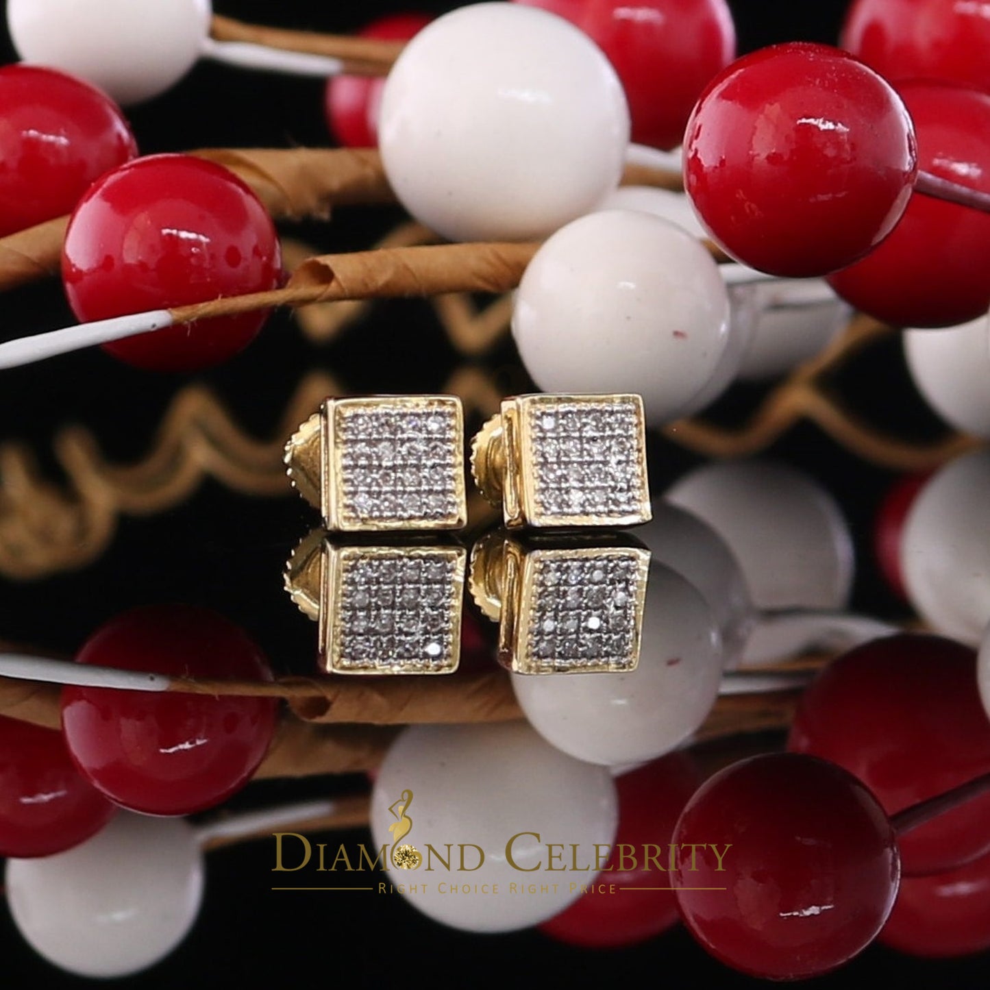 DiamondCelebriteesReal 10K Yellow Gold Square Earrings with 0.10CT Real Diamonds
