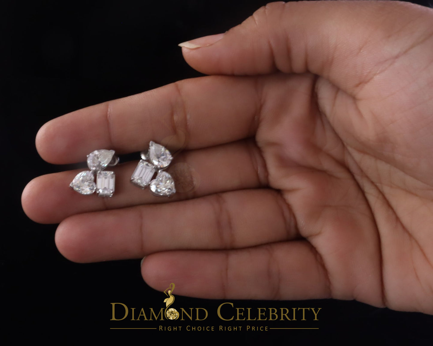 Diamondcelebritees 7.00 CT VVS 'D' Moissanite Women's Tri 925 Silver White Toi et Moi Stud Earrings