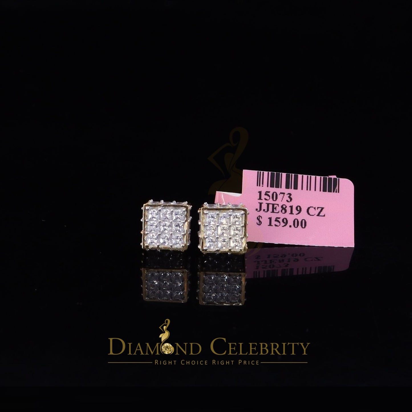 DiamondCelebritees 925 Yellow Silver Screw Back Cubic Zirconia 5.94ct Women & Men Square Earrings