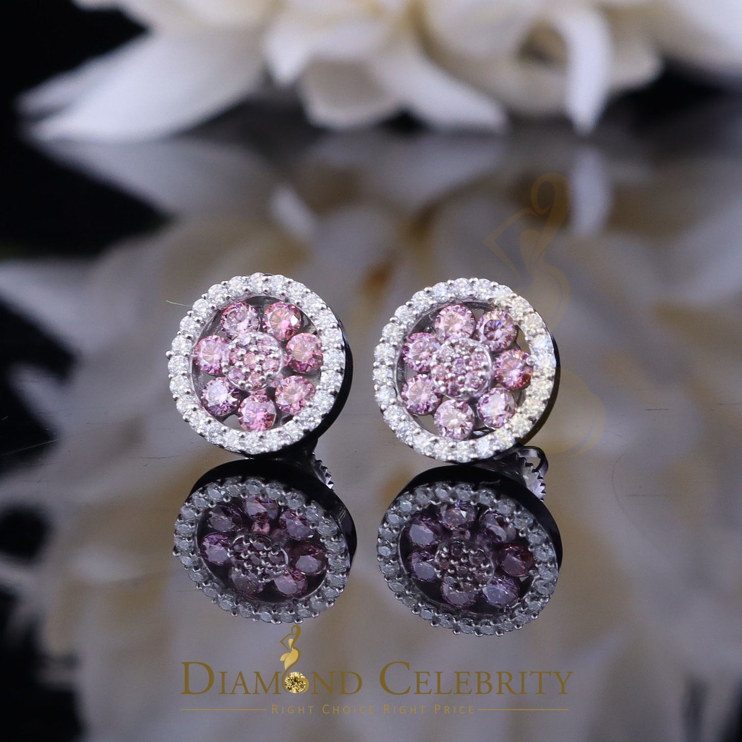 Diamondcelebritees Women's 925 Silver White 1.50ct VVS 'D' Pink Moissanite Round Stud Earrings