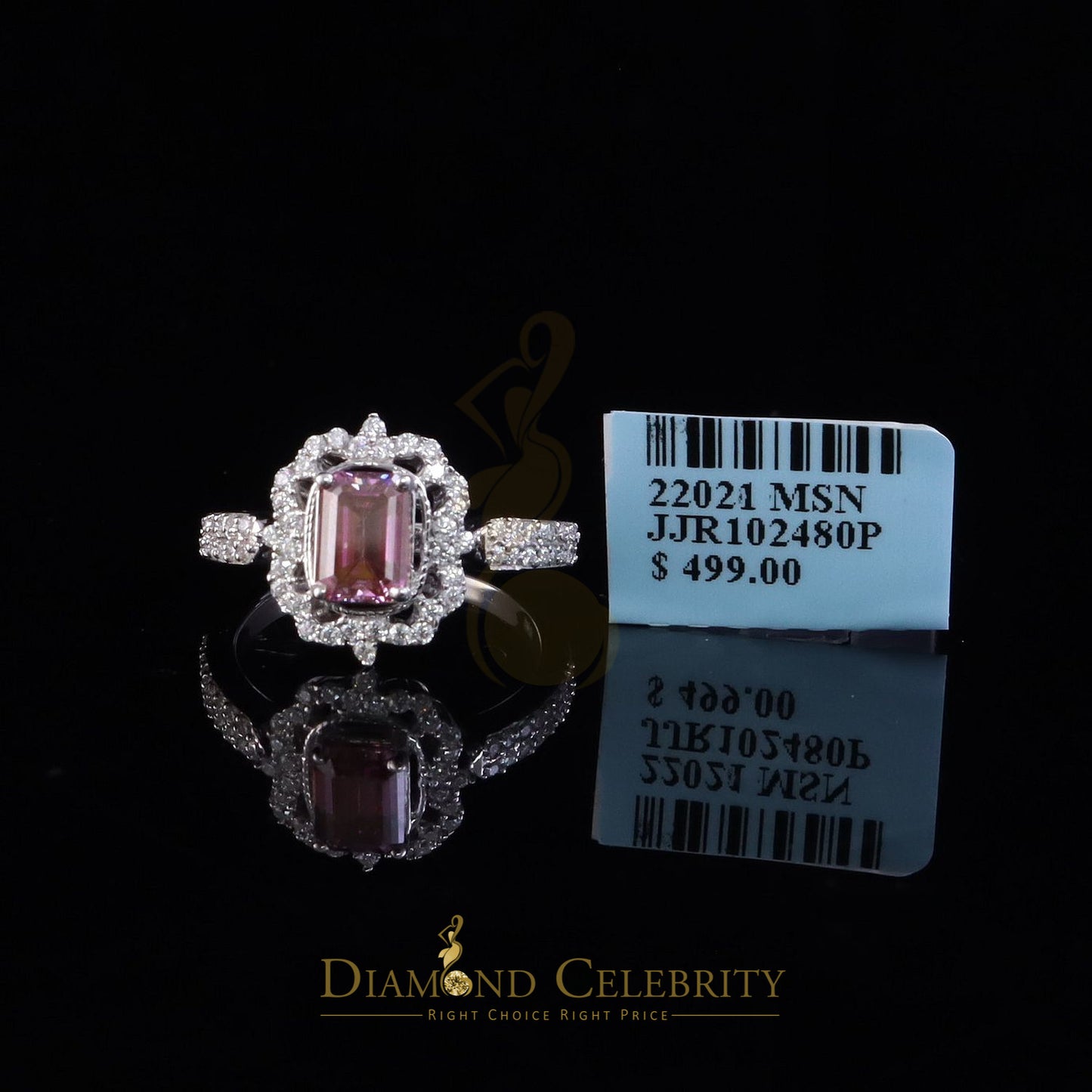 DiamondCelebritees 2.00CT Women's 925 Silver VVS D Pink & White Moissanite Emerald Ring SZ 7