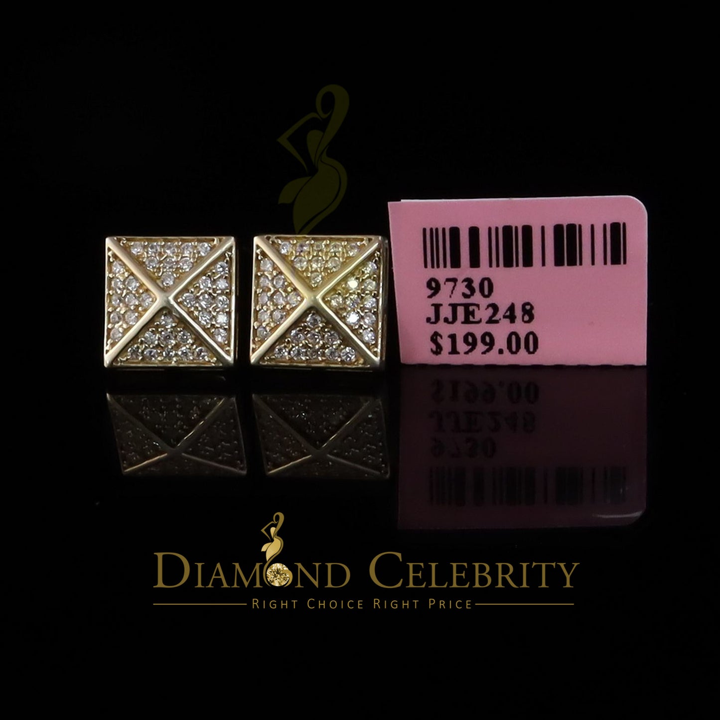 DiamondCelebritees 0.53ct Cubic Zirconia 925 Yellow Silver Women's & Men's Hip Hop Square Earrings