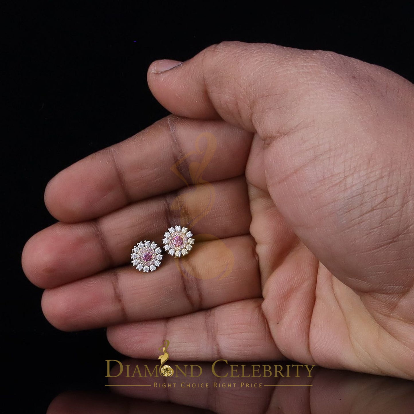 DiamondCelebritees 925 Silver Yellow 1.00ct VVS D Pink Moissanite Round Men's/Women's Stud Earrings