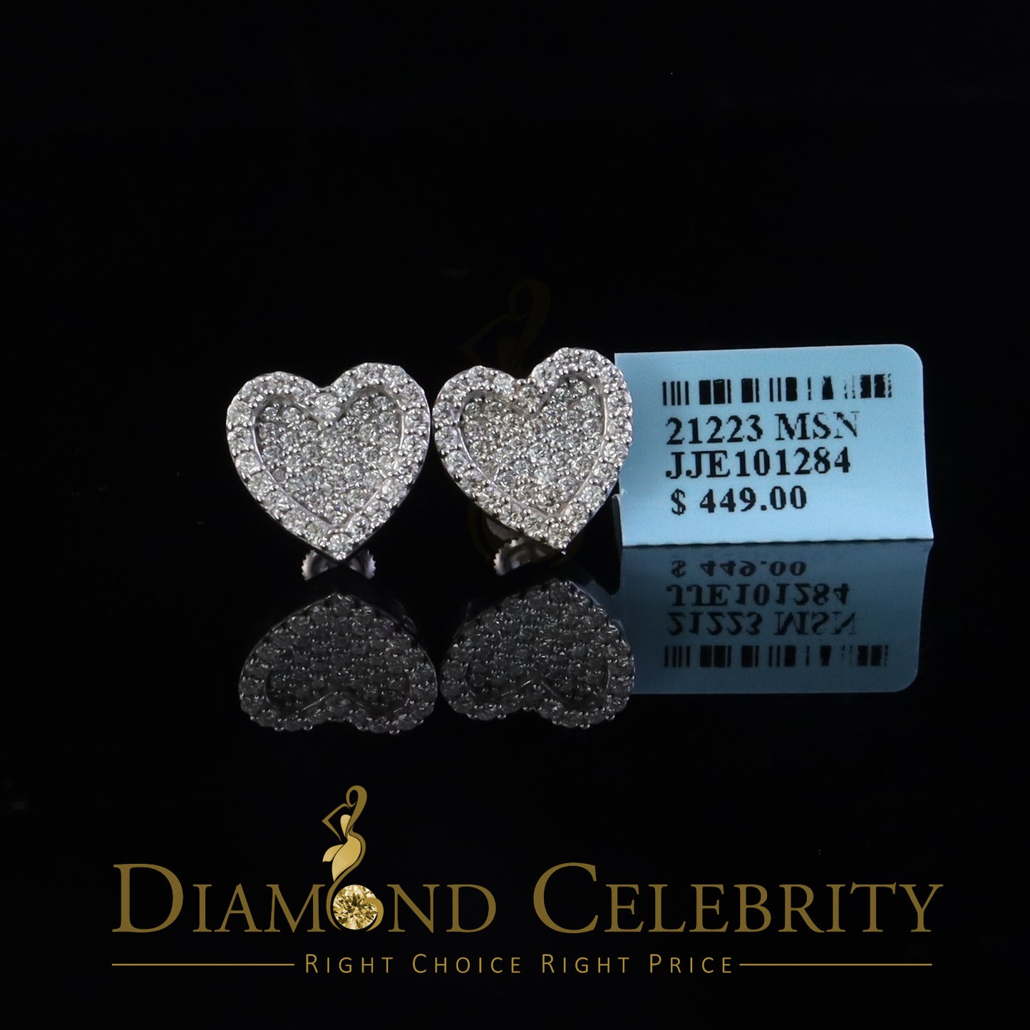 Diamondcelebritees 925 White Silver 1.00ct VVS 'D' Moissanite Heart Stud Earring Men's/Womens