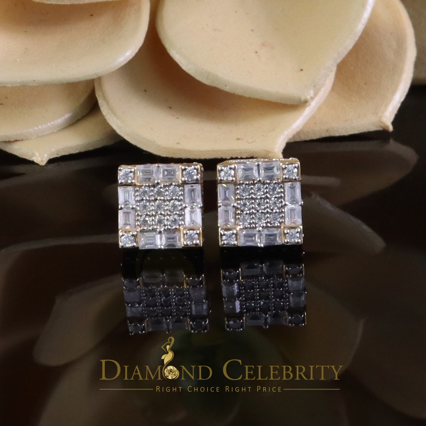 DiamondCelebritees Men's/Womens 925 Yellow Silver 1.00ct VVS 'D' Moissanite Square Stud Earring