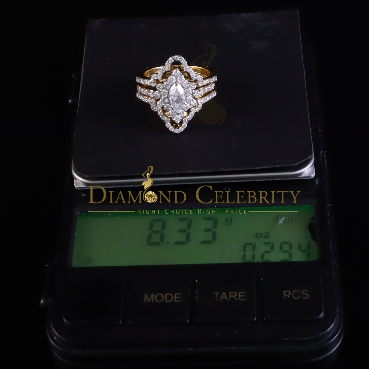 DiamondCelebritees New Solitaire Marquise Moissanite 2.00ct VVS D 925 Yellow Silver Guard Ring SZ 7