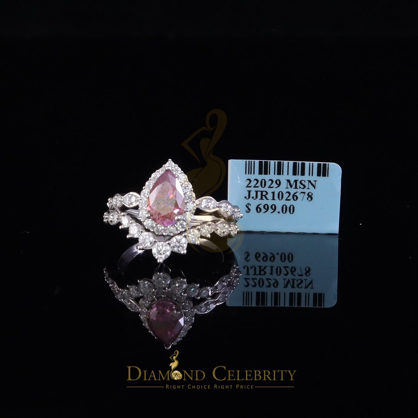 DiamondCelebritees 2.50CTWomen's 925 ilver VVS D Pink&White Moissanite Pear Shaped Double Ring SZ 7