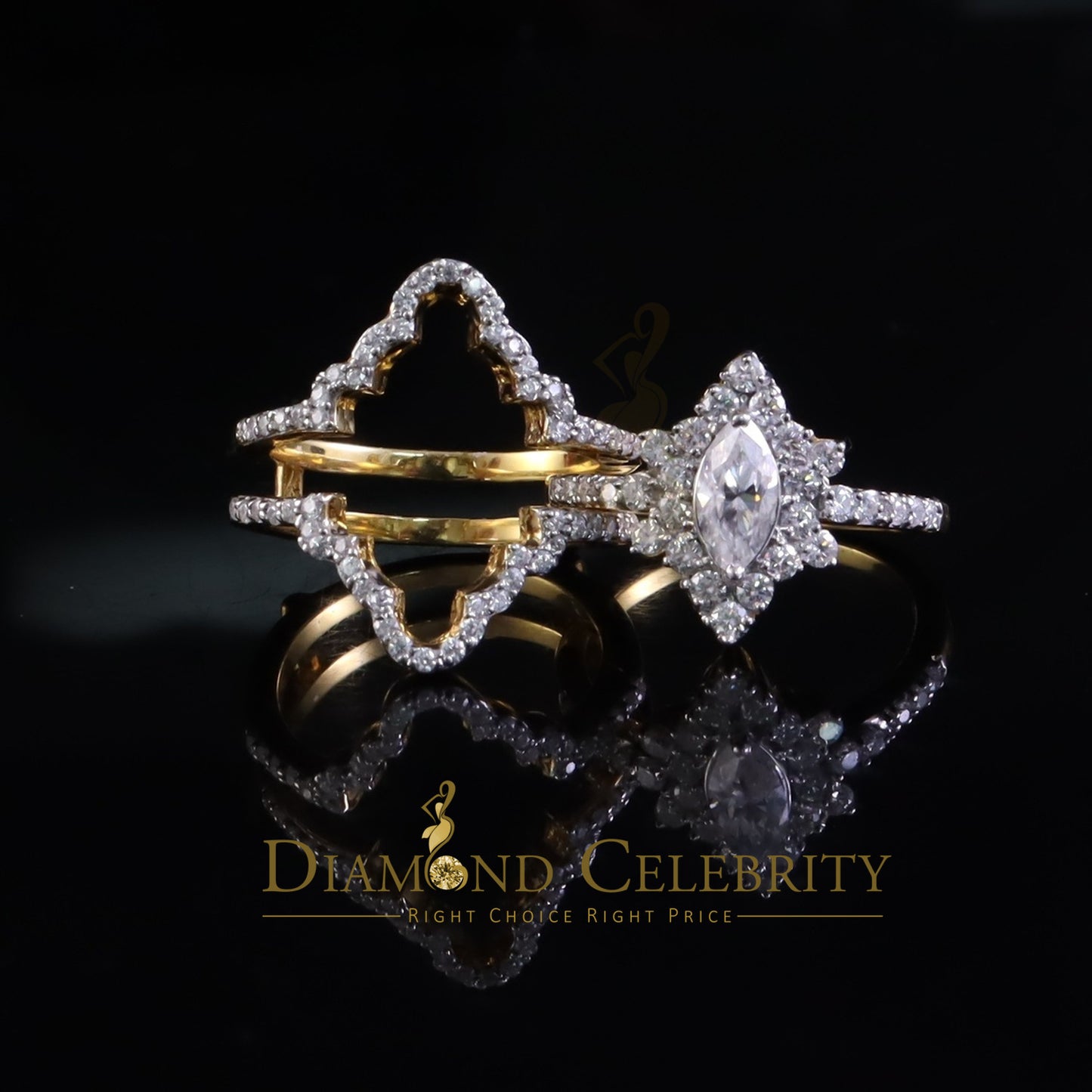 DiamondCelebritees New Solitaire Marquise Moissanite 2.00ct VVS D 925 Yellow Silver Guard Ring SZ 7
