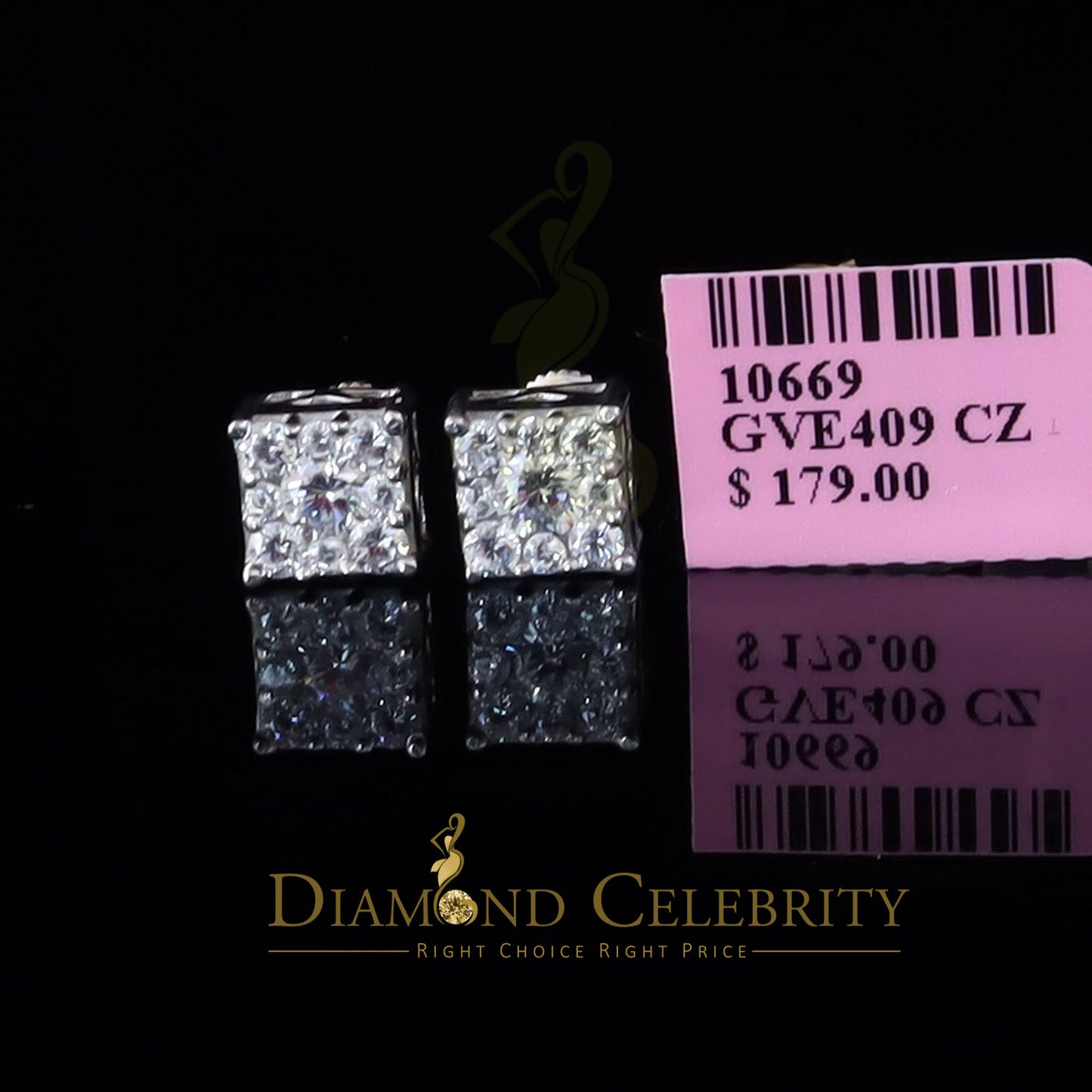 DiamondCelebritees Hip Hop 925 White Silver 1.68ct Cubic Zirconia Women's Square Stud Earrings