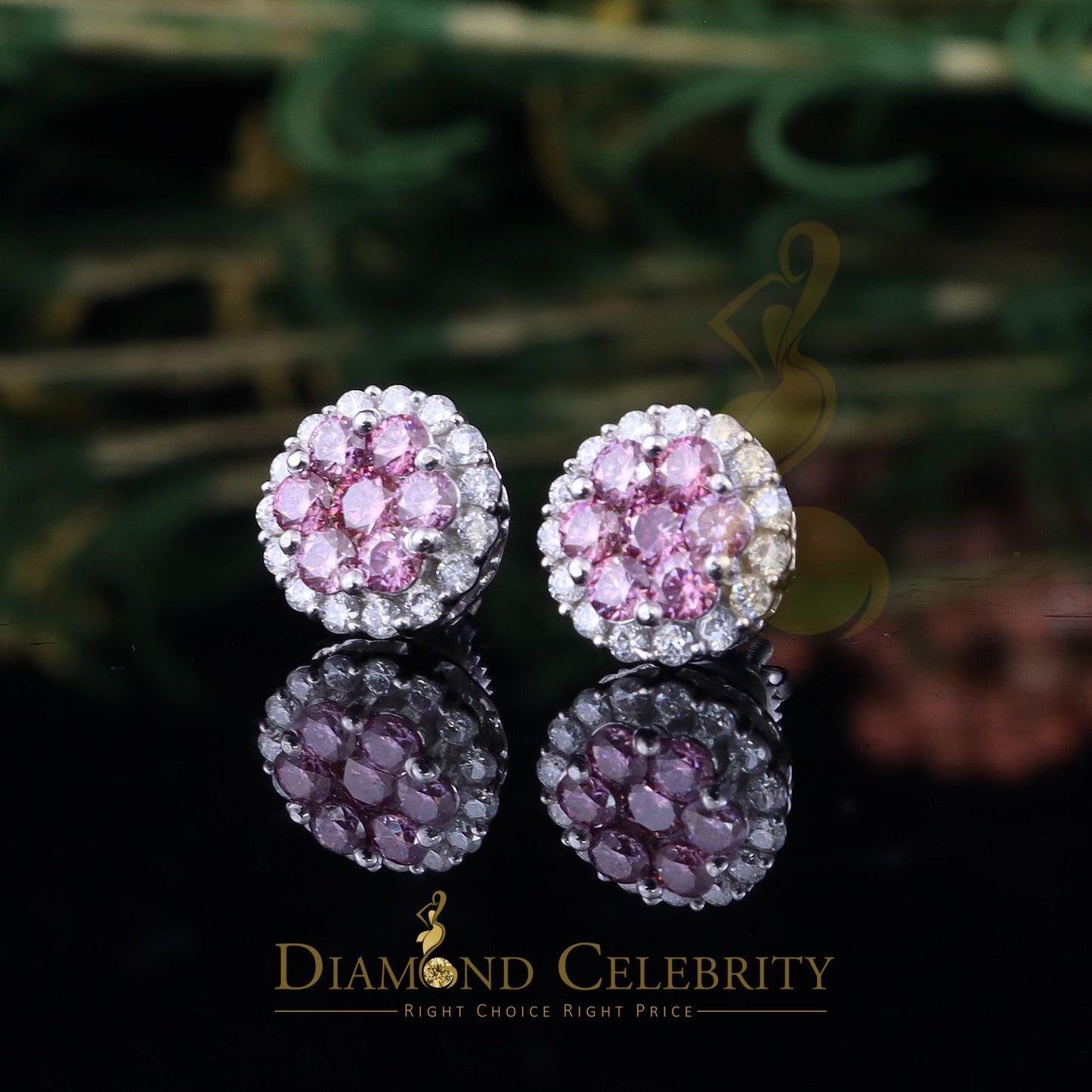 Diamondcelebritees 925 Silver White 2.00ct VVS 'D' Pink Moissanite Round Mens/Women's Stud Earrings