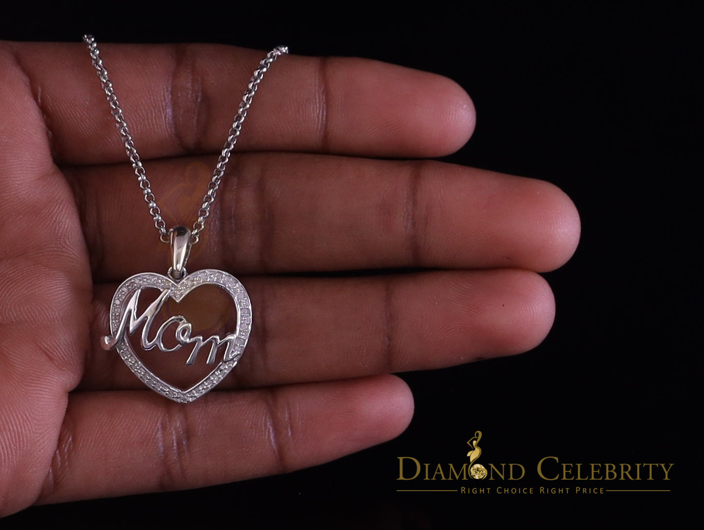 DiamondCelebritees Sterling Silver White Real 0.10CT Diamond HEART MOM'S Charm Necklace Pendant