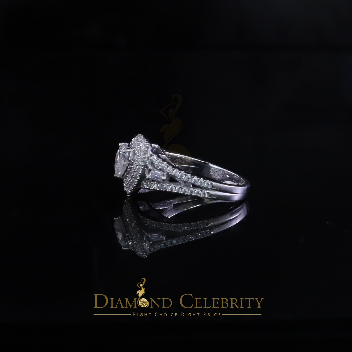 DiamondCelebritees White Silver 1.50ct VVS 'D' Round Moissanite Heart Ring Size 7 for Women's