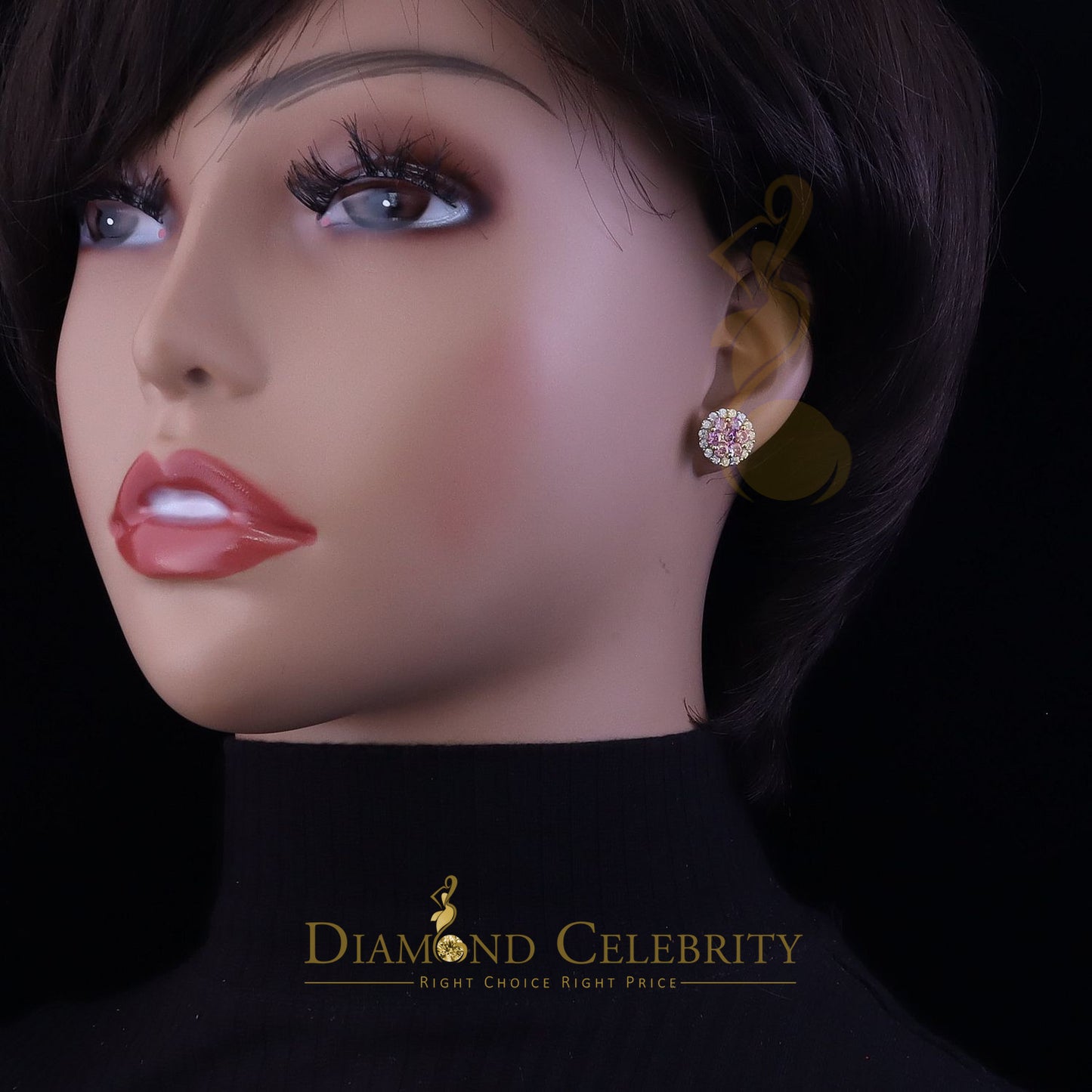 DiamondCelebritees 925 Silver Yellown2.00ct VVS D Pink Moissanite Round Men's/Women's Stud Earrings