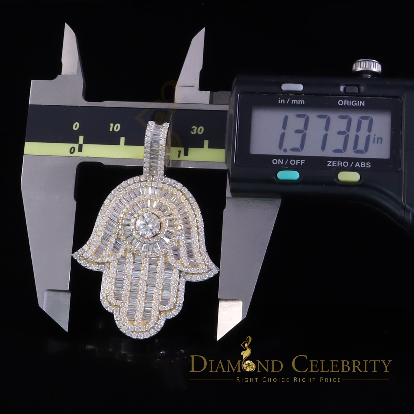 Diamondcelebritees 8.0ct VVS D Moissanite Baggutte Yellow Silver Charm Hamsa Pendant Men's & Women