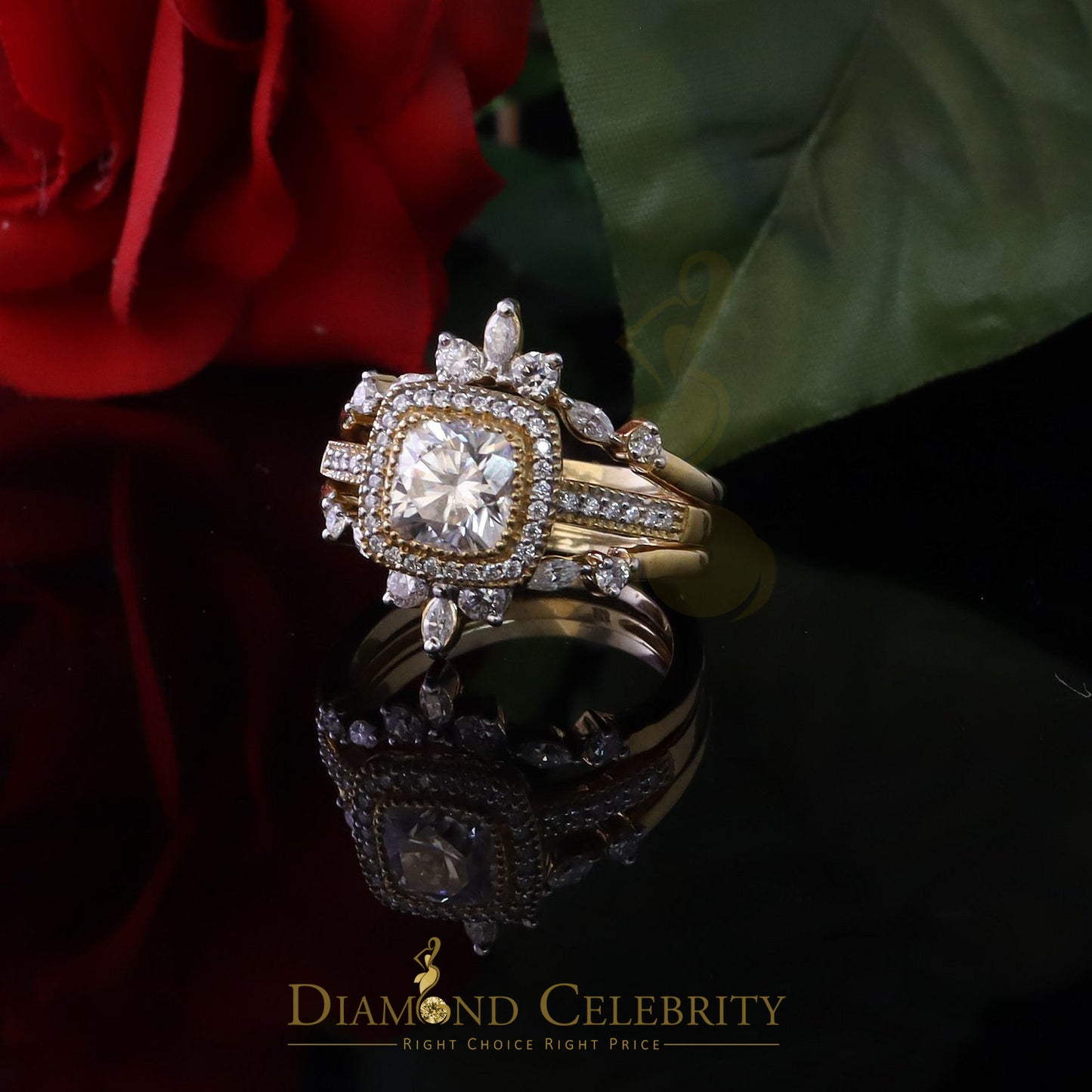 DiamondCelebritees Enhancer Guard Wrap Insert Cushion Moissanite 1.75ct VVS D Yellow Silver RingSZ7