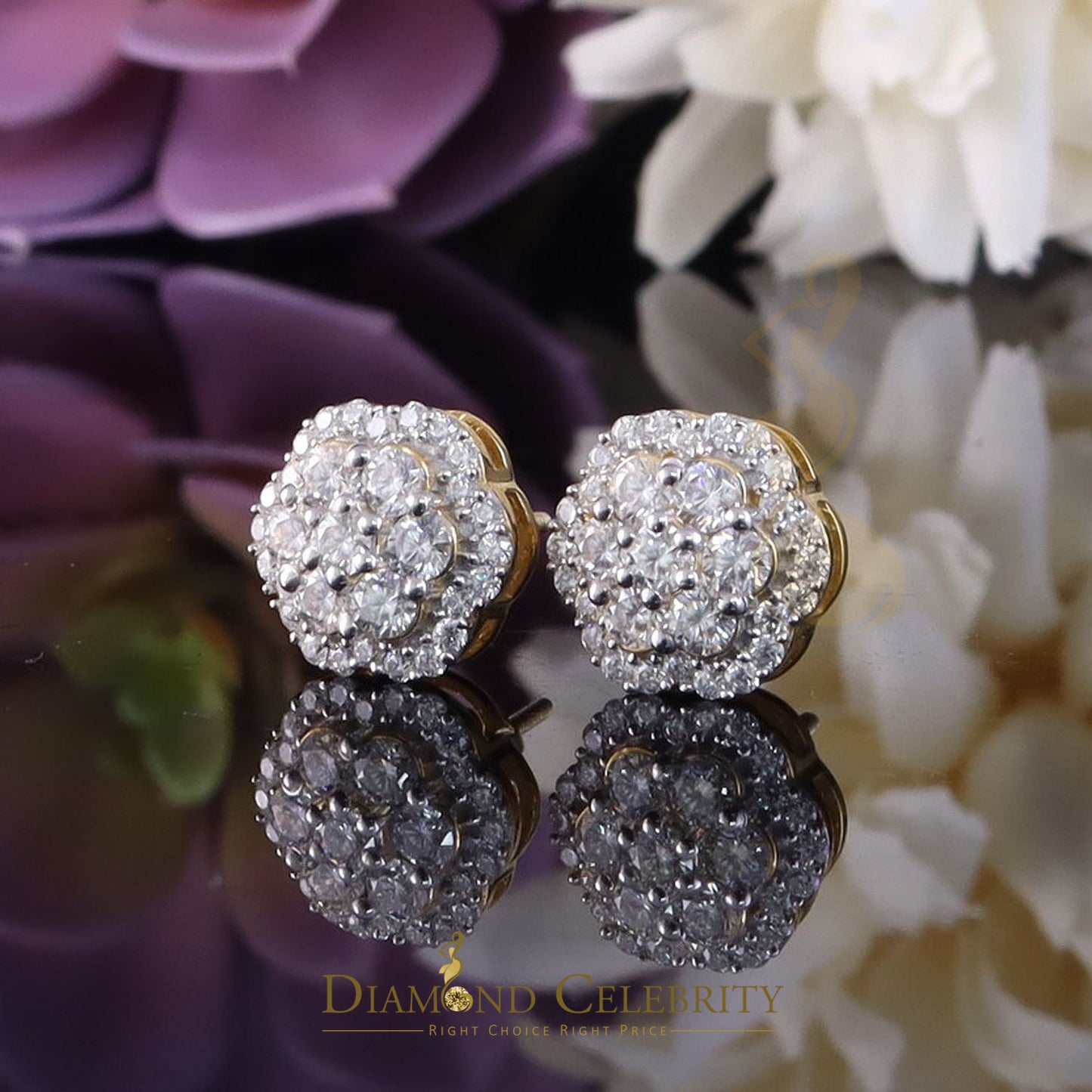 DiamondCelebritees Puffy Men/Women's 925 Silver Yellow 2.00ct VVS D Moissanite Floral Stud Earrings