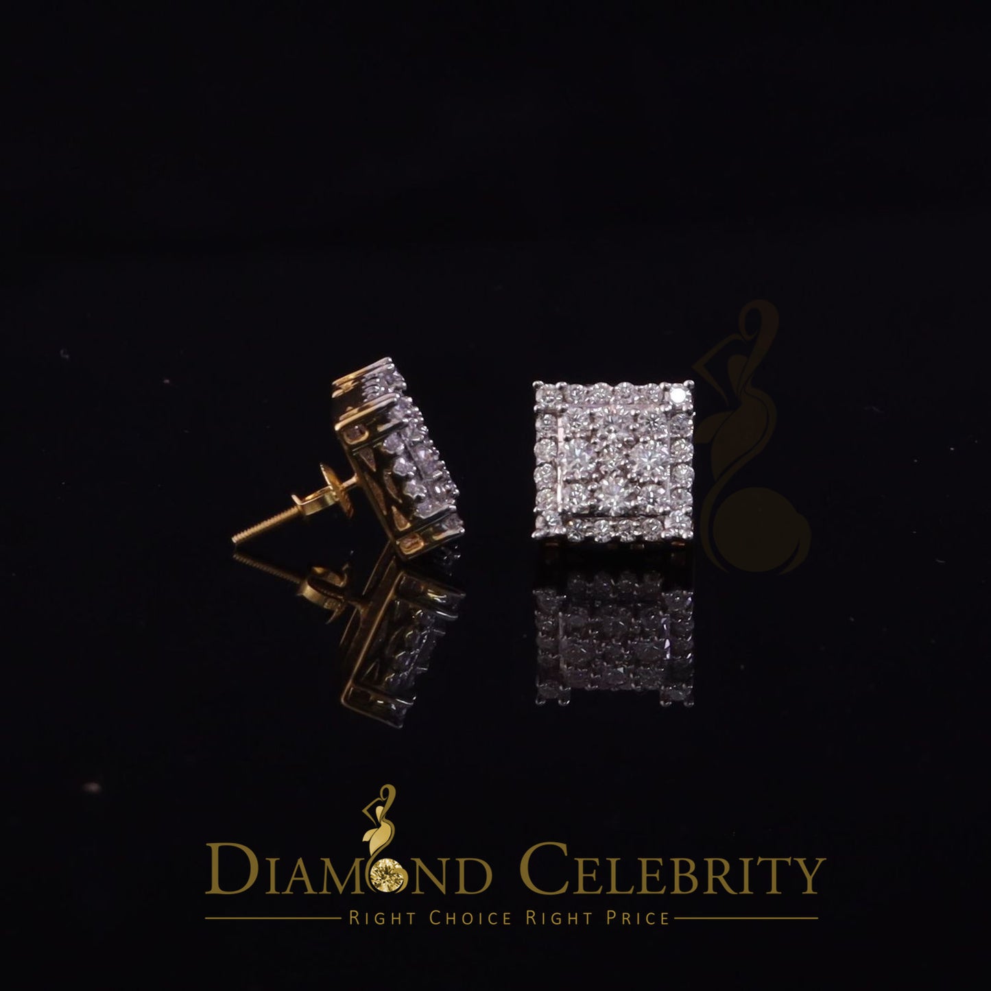 DiamondCelebritees 1.75ct Vvs 'D' Color Genuine Moissanite Stud SQUARE Earring10k Real Yellow Gold