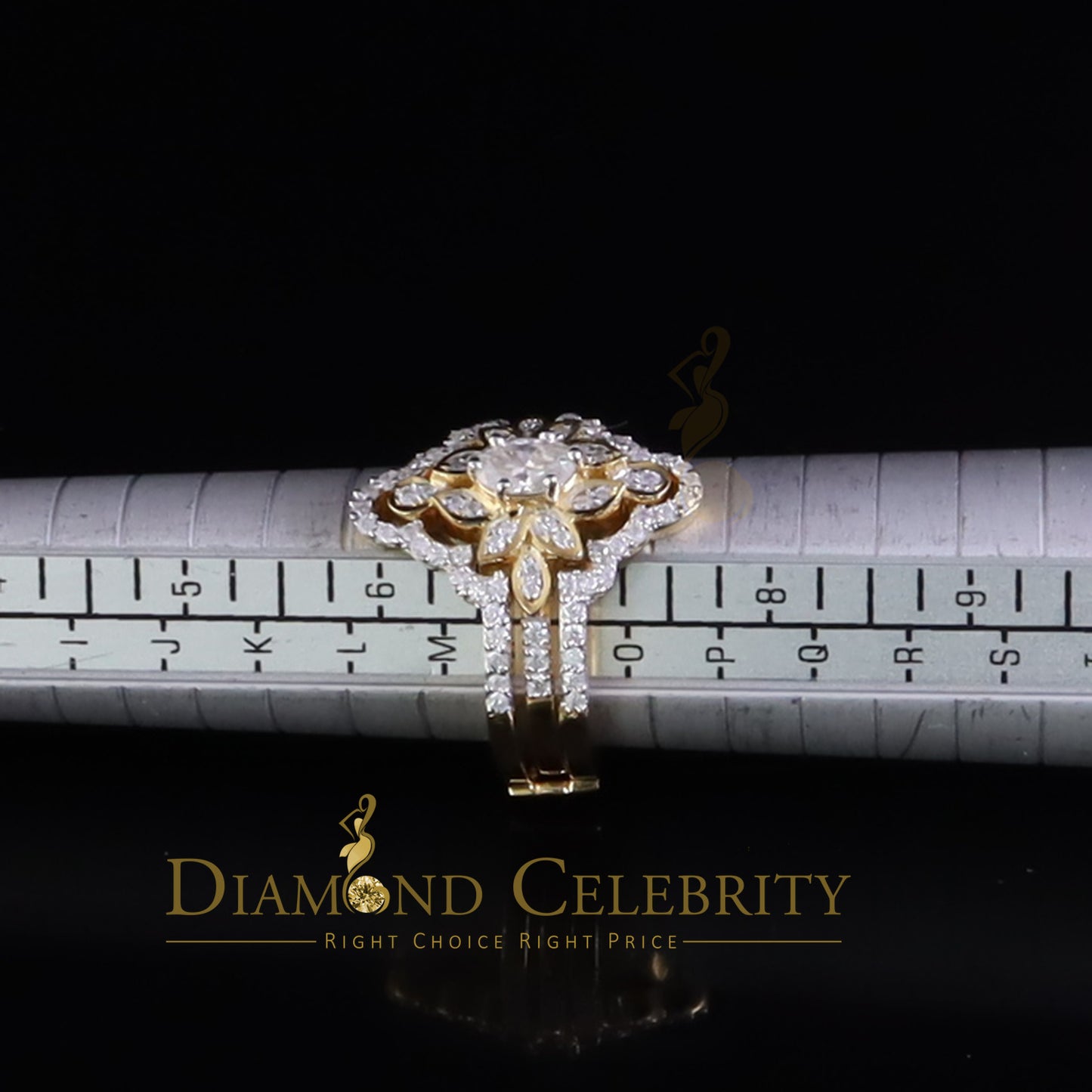 DiamondCelebritees 2.00ct VVS D Moissanite Fancy Ring W/ Guard in SZ 7 Yellow 925 Silver for Women