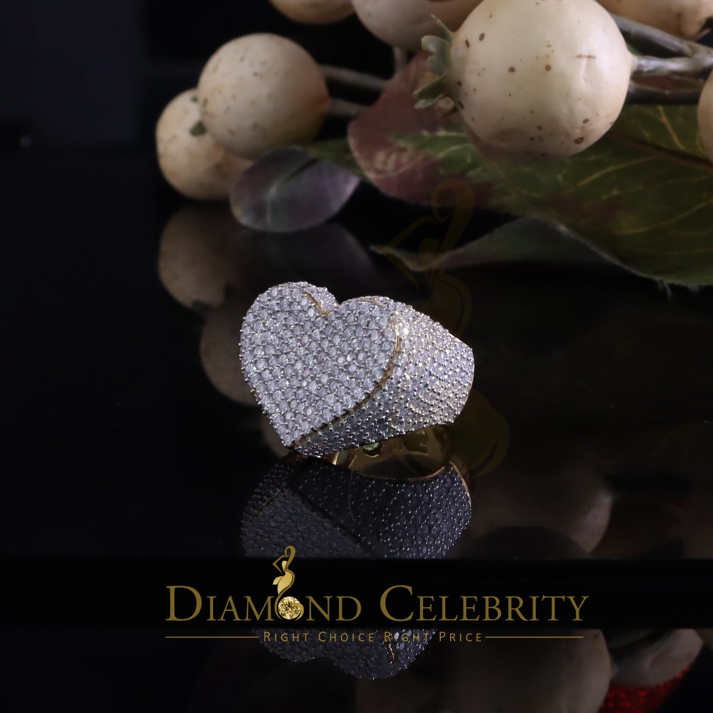 DiamondCelebritees Men's 925 Yellow Silver 5.00ct VVS 'D' Round Moissanite Heart Ring Size 8