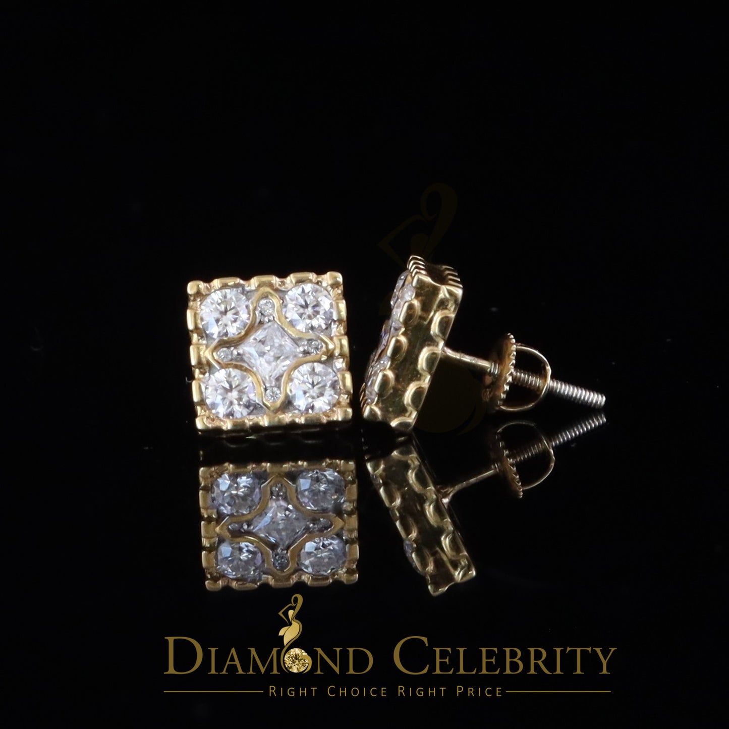 DiamondCelebritees Square 925 Yellow Silver 1.00ct VVS 'D' Moissanite Stud Earring Men's/Womens