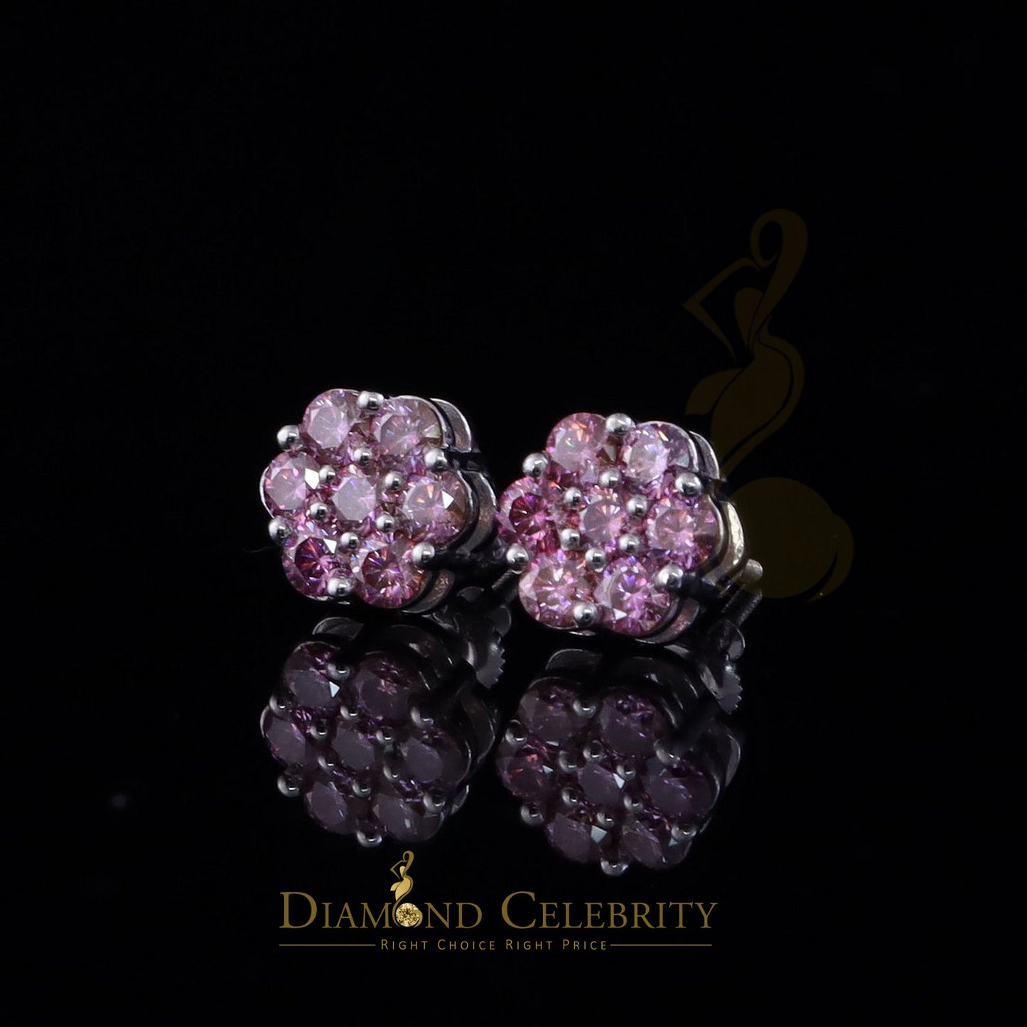 Diamondcelebritees Men's/Women's 925 Silver White 1.66ct VVS D Pink Moissanite Floral Stud Earrings