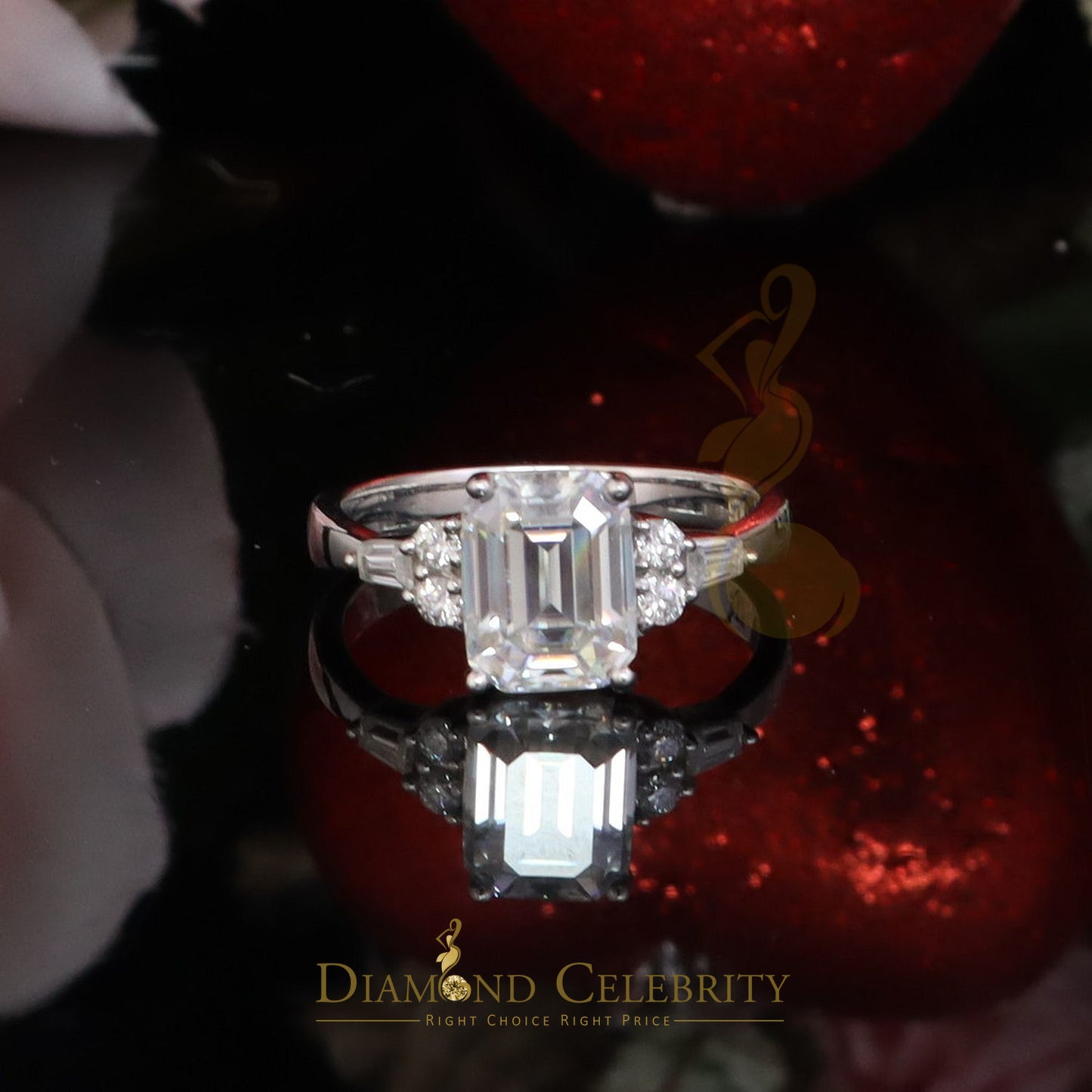 DiamondCelebritees 3.00CT Women's 925 Silver White VVS D Moissanite Emerald-cut Ring SZ 7
