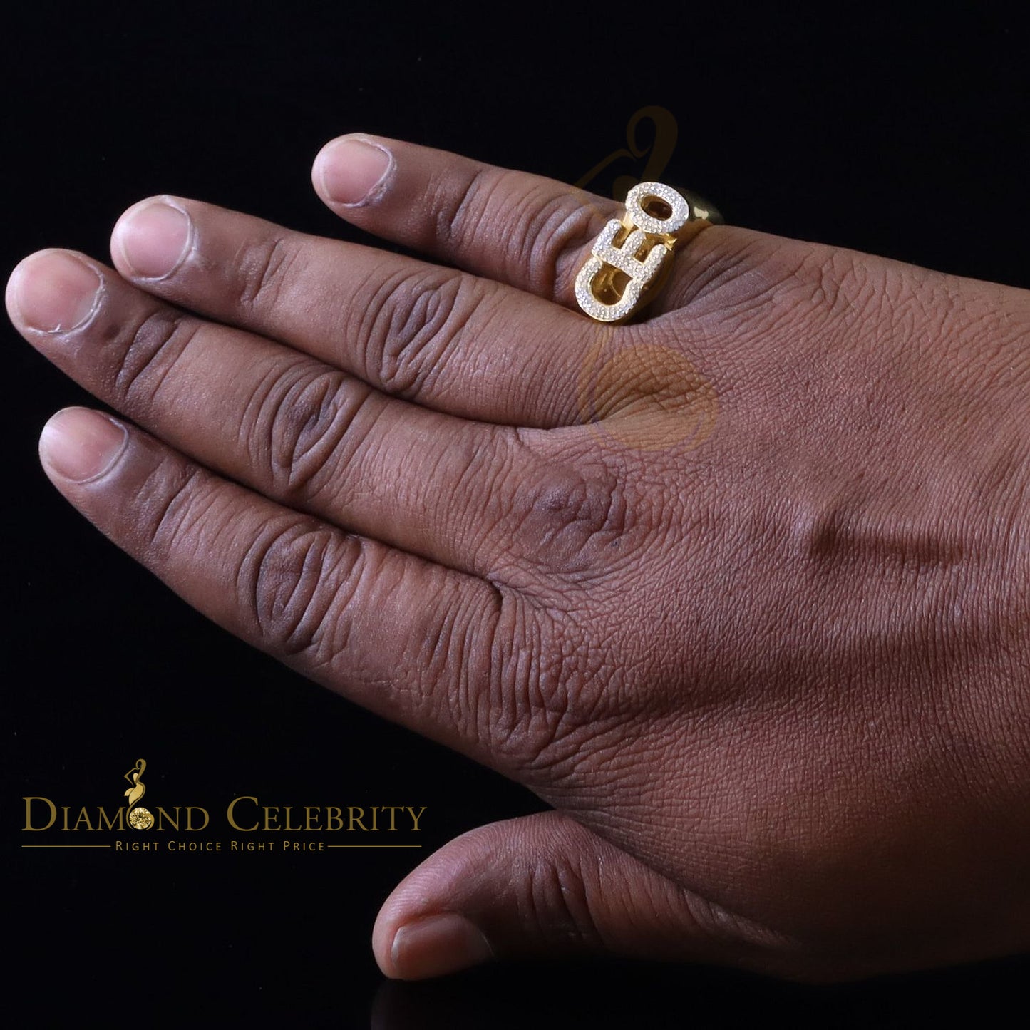 DiamondCelebritees Stylish 925 Yellow Silver 0.40ct Real Micro Diamond Men's "CEO" word Ring SZ 8