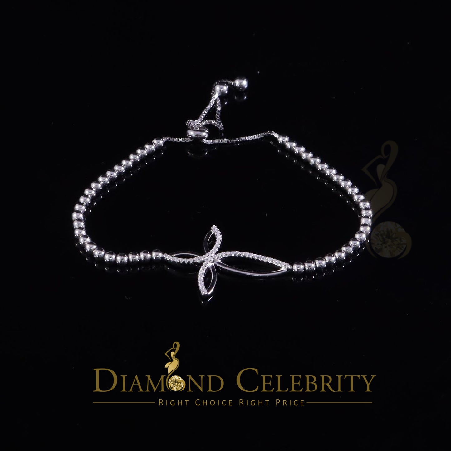 Diamondcelebritees Adjustable Cross Pearl Style Chain White Sterlng Silver Cubic Zirconia Bracelete