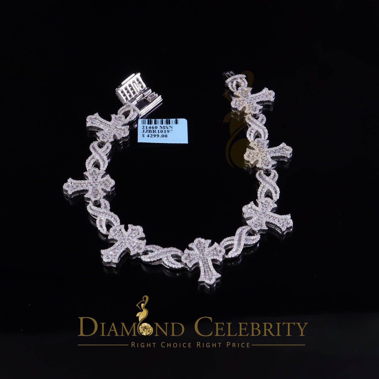 Diamondcelebritees 9.00ct Silver White 925 Moissanite budded cross Men's/Womens Bracelet 8 Inch.