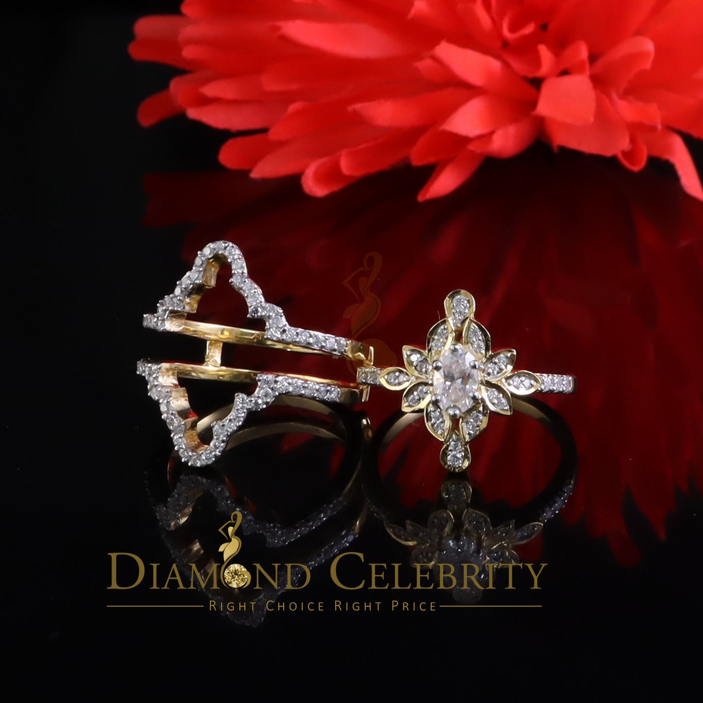 DiamondCelebritees 2.00ct VVS D Moissanite Fancy Ring W/ Guard in SZ 7 Yellow 925 Silver for Women