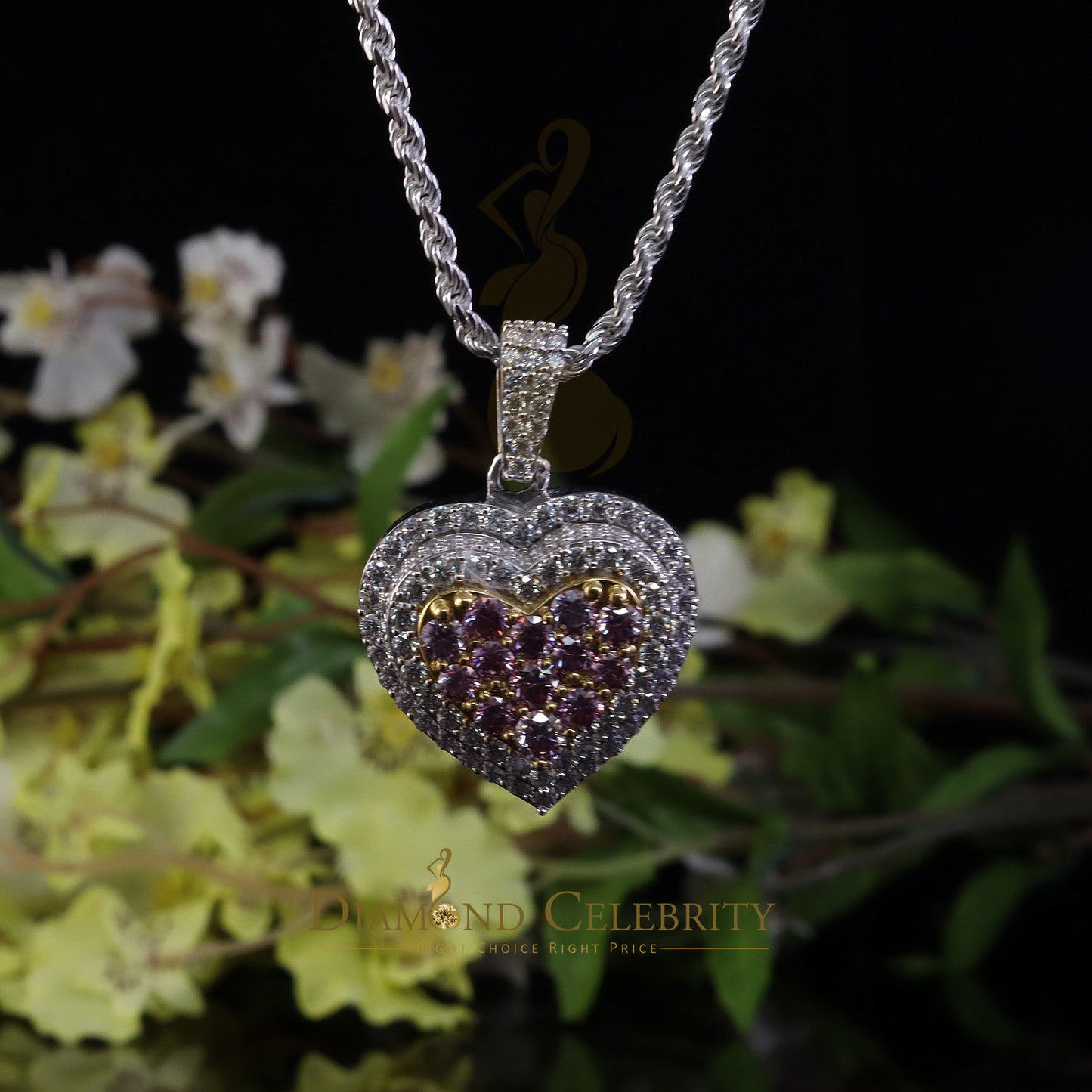 DiamondCelebritees 925 Silver White Women's 11.00 ct VVS'D' Pink Moissanite 3D Double Heart Pendant