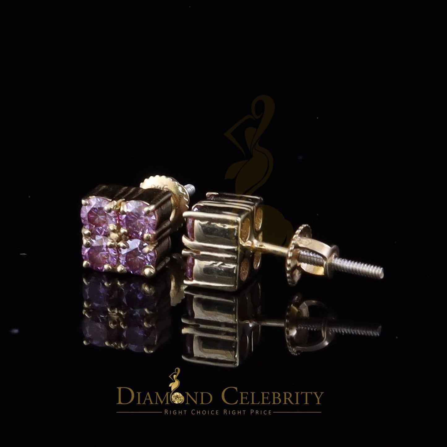 DiamondCelebritees Mens/Women's 925 Silver Yellow 1.00ct VVS D Pink Moissanite Square Stud Earrings