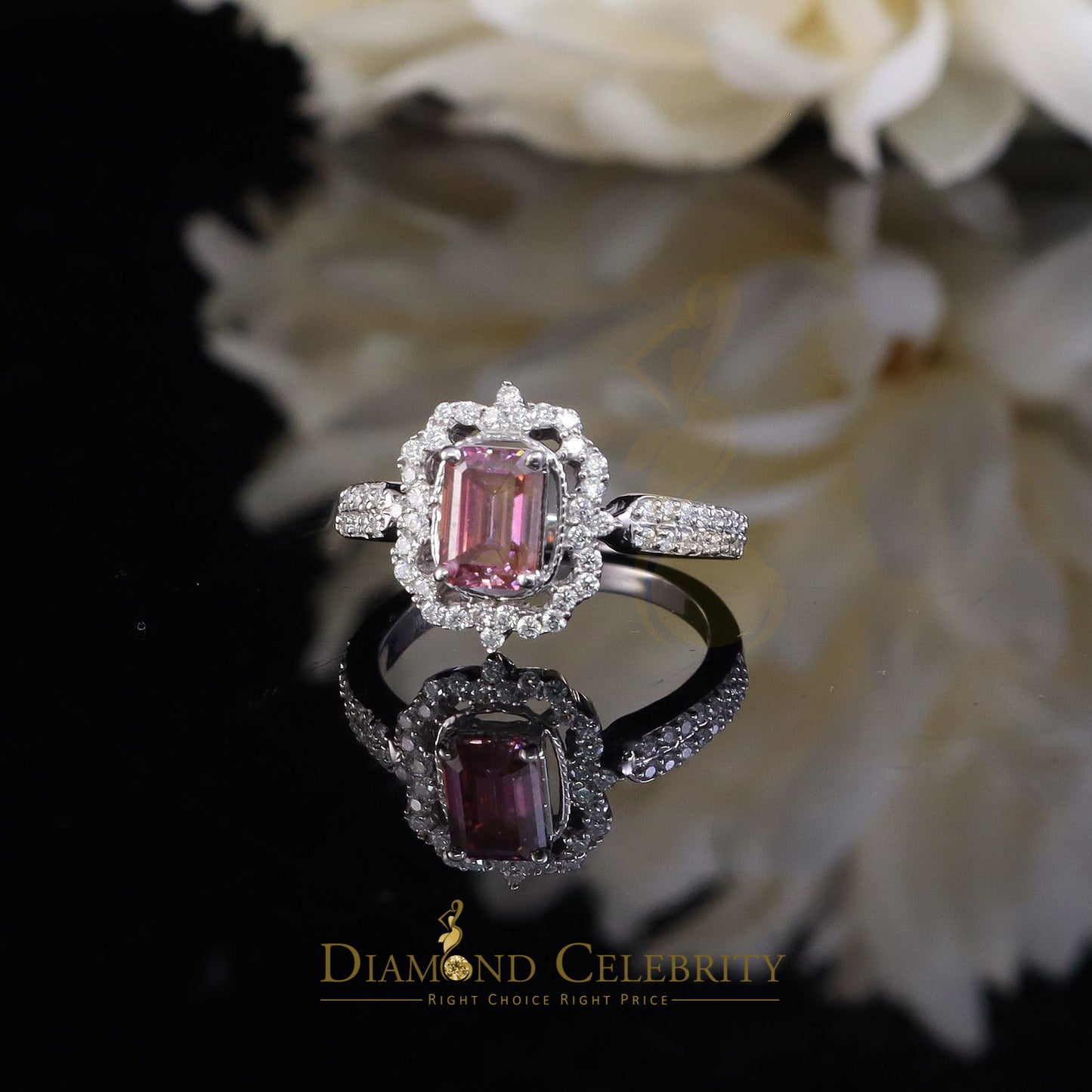 DiamondCelebritees 2.00CT Women's 925 Silver VVS D Pink & White Moissanite Emerald Ring SZ 7