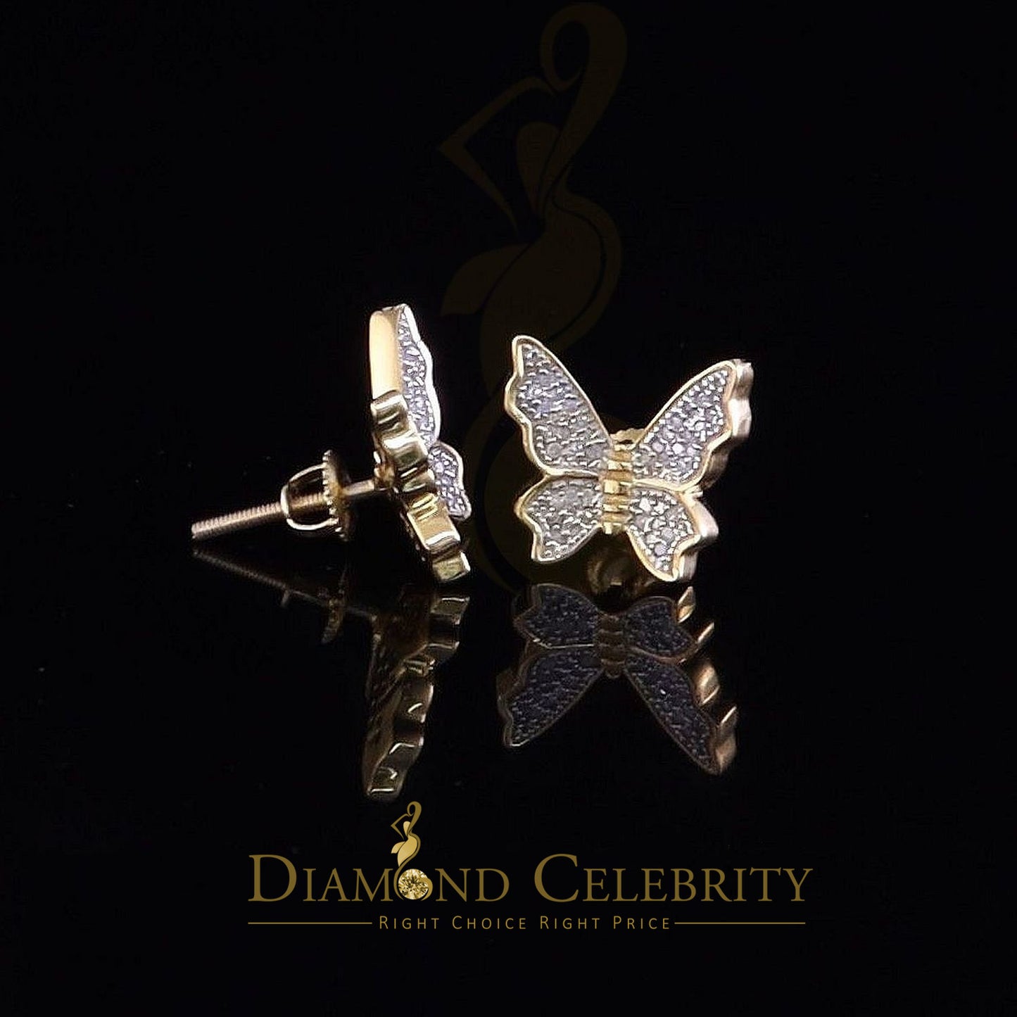 DiamondCelebritees Women's 0.25ct Real Diamond Butterfly Stud Earrings Yellow 925 Sterling Silver