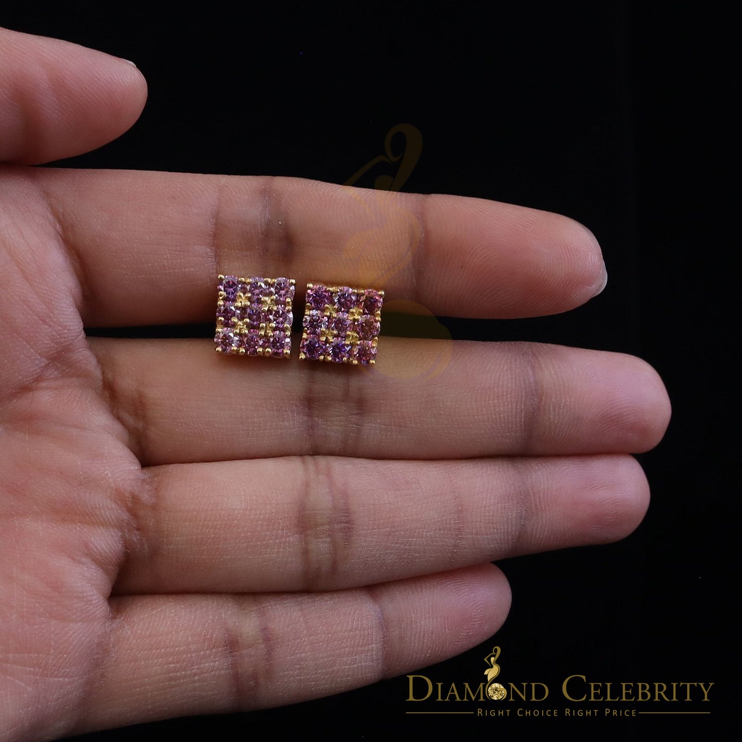 DiamondCelebritees 925 Silver Yellow 2.25ct VVS D Pink Moissanite Men/Women's Square Stud Earrings