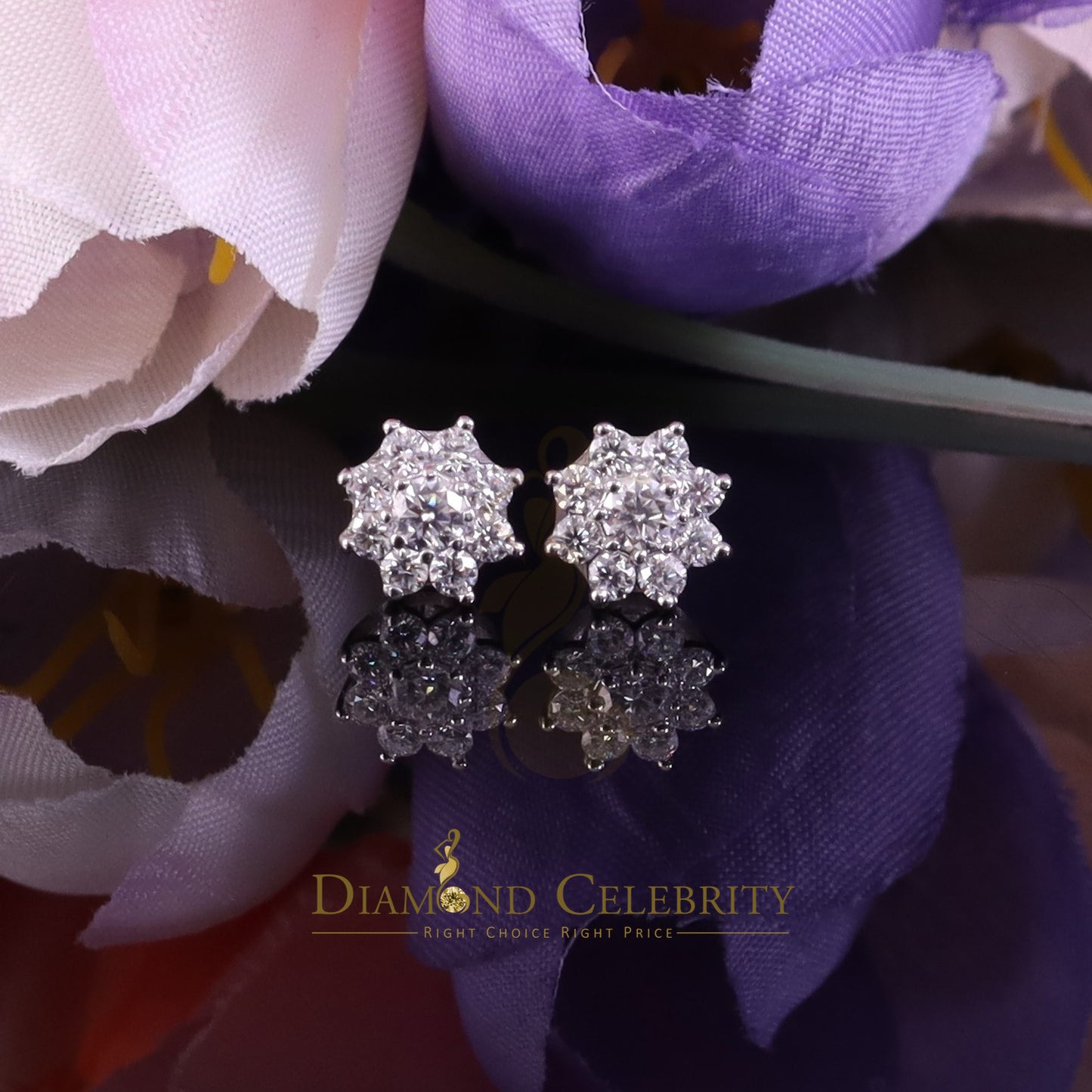 Diamondcelebritees Moissanite Floral Stud Earrings Men's/Womens 925 Silver White 1.00ct VVS 'D'