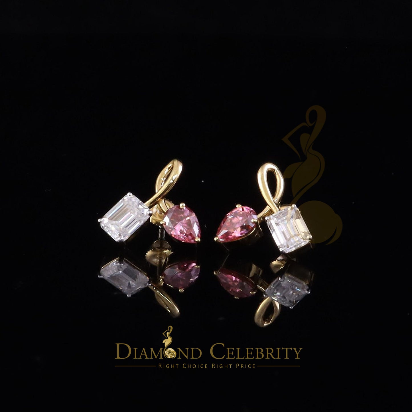DiamondCelebritees Women's 925 Silver Yellow 3.50ct VVS D Pink Moissanite Toi et Moi Stud Earrings
