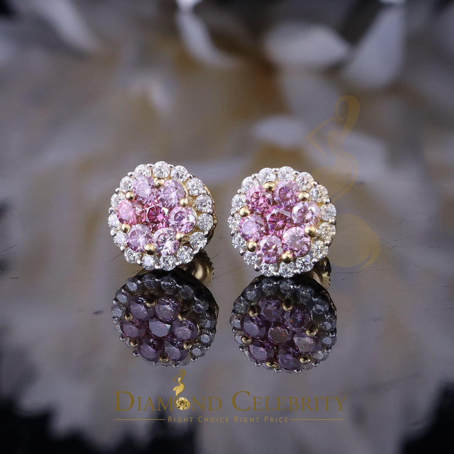 DiamondCelebritees Men's/Women's 925 Silver Yellow 1.33ct VVS D Pink Moissanite Round Stud Earrings