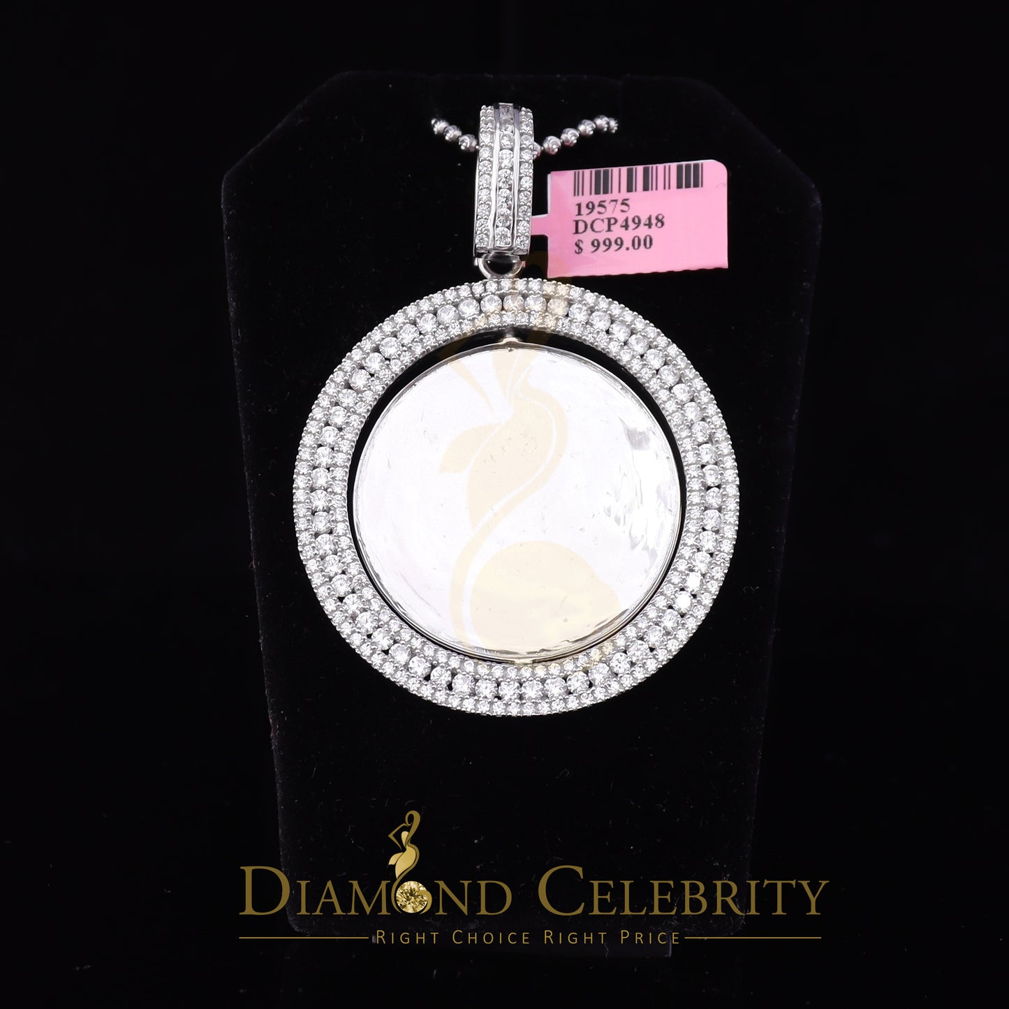 DiamondCelebritees 2 SIDE Picture Pendant White Round Shape Sterling Silver 6.50ct Cubic Zirconia