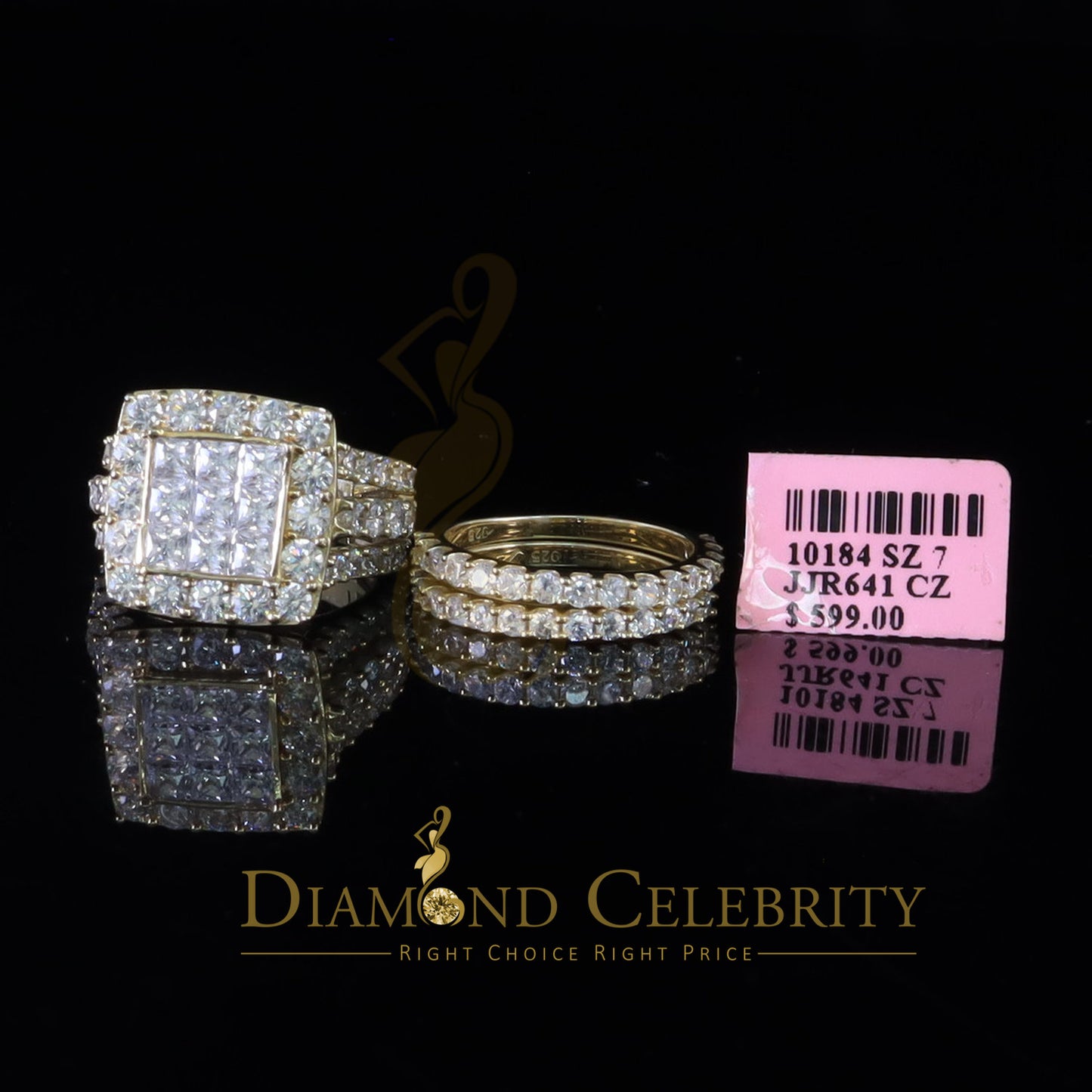 DiamondCelebritees 925 Silver Square Cubic Zirconia 10.92ct 3PC Bridal Yellow Womens Ring SZ 7