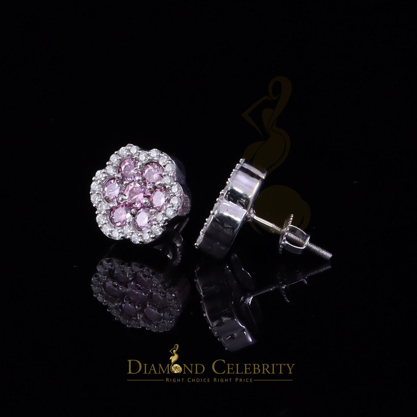 Diamondcelebritees Men's/Women's 925 Silver White 1.50ct VVS D Pink Moissanite Floral Stud Earrings