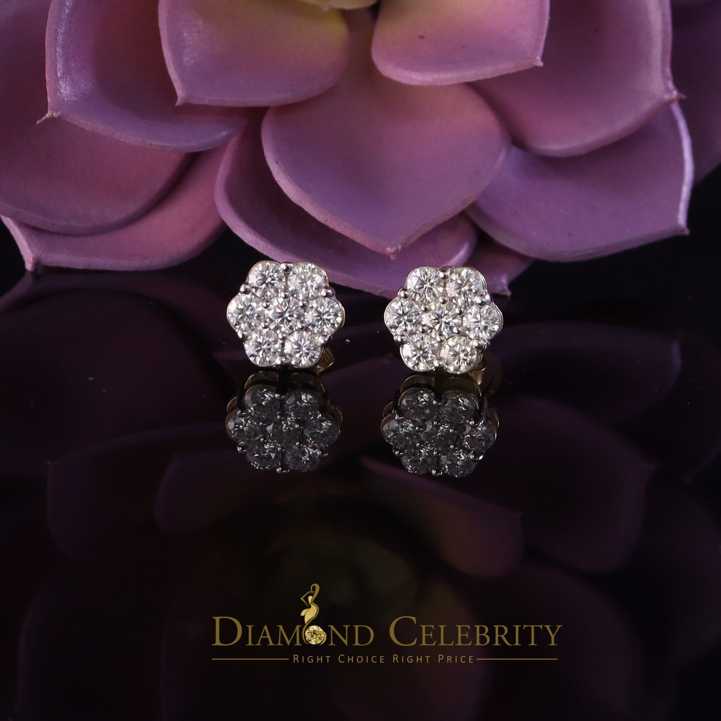 DiamondCelebritees Real Moissanite VVS 'D' Color 2.0ct 10k Real Yellow Gold Stud FLORAL Earrings