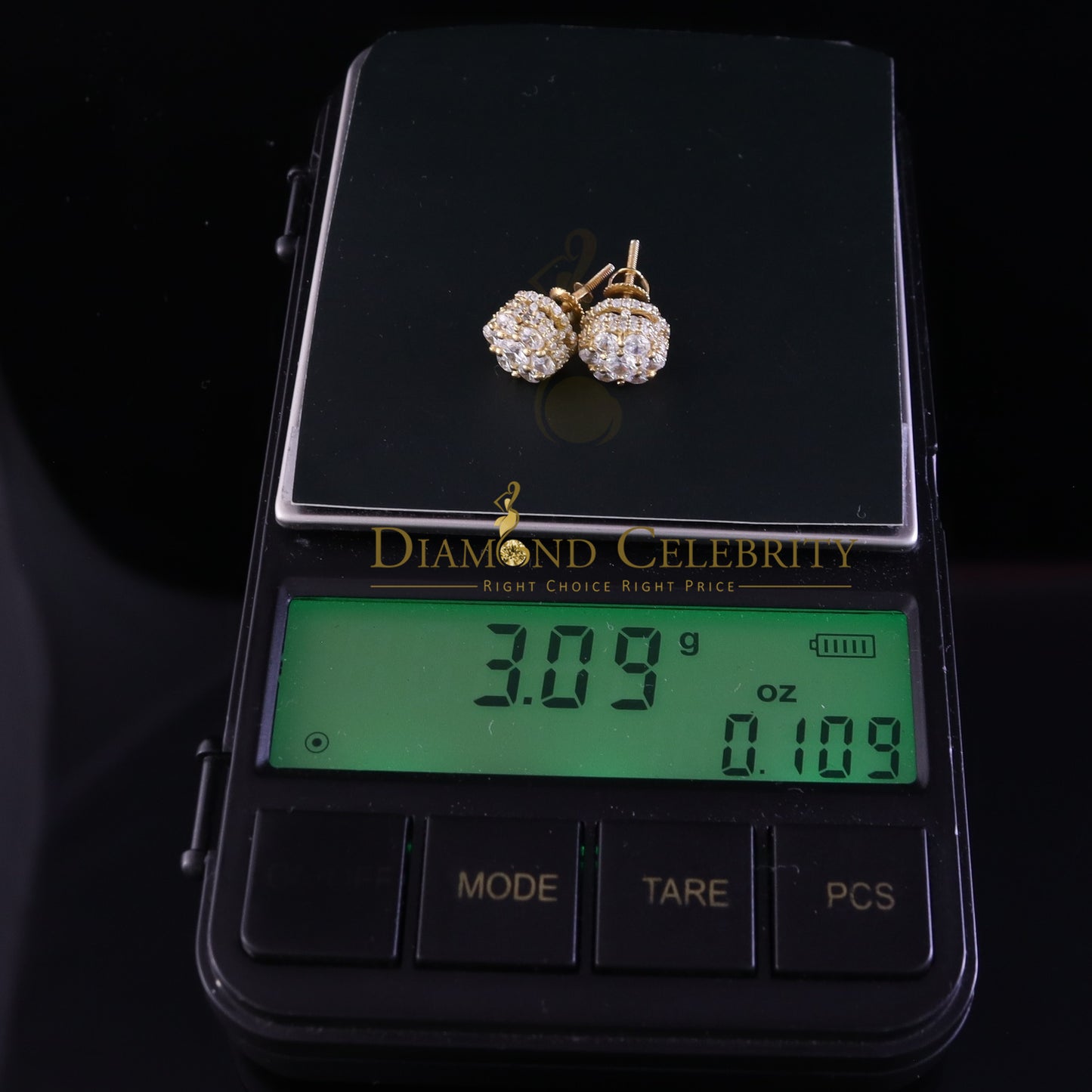 King of Bling's 1.50ct Cubic Zirconia Sterling Yellow Silver For Men's / Women's Round Earring