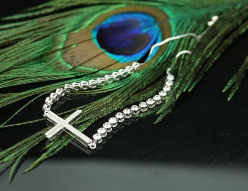 Diamondcelebritees White Sterling Silver Cross Shape Bracelet Cubic Zirconia Adjustable Size