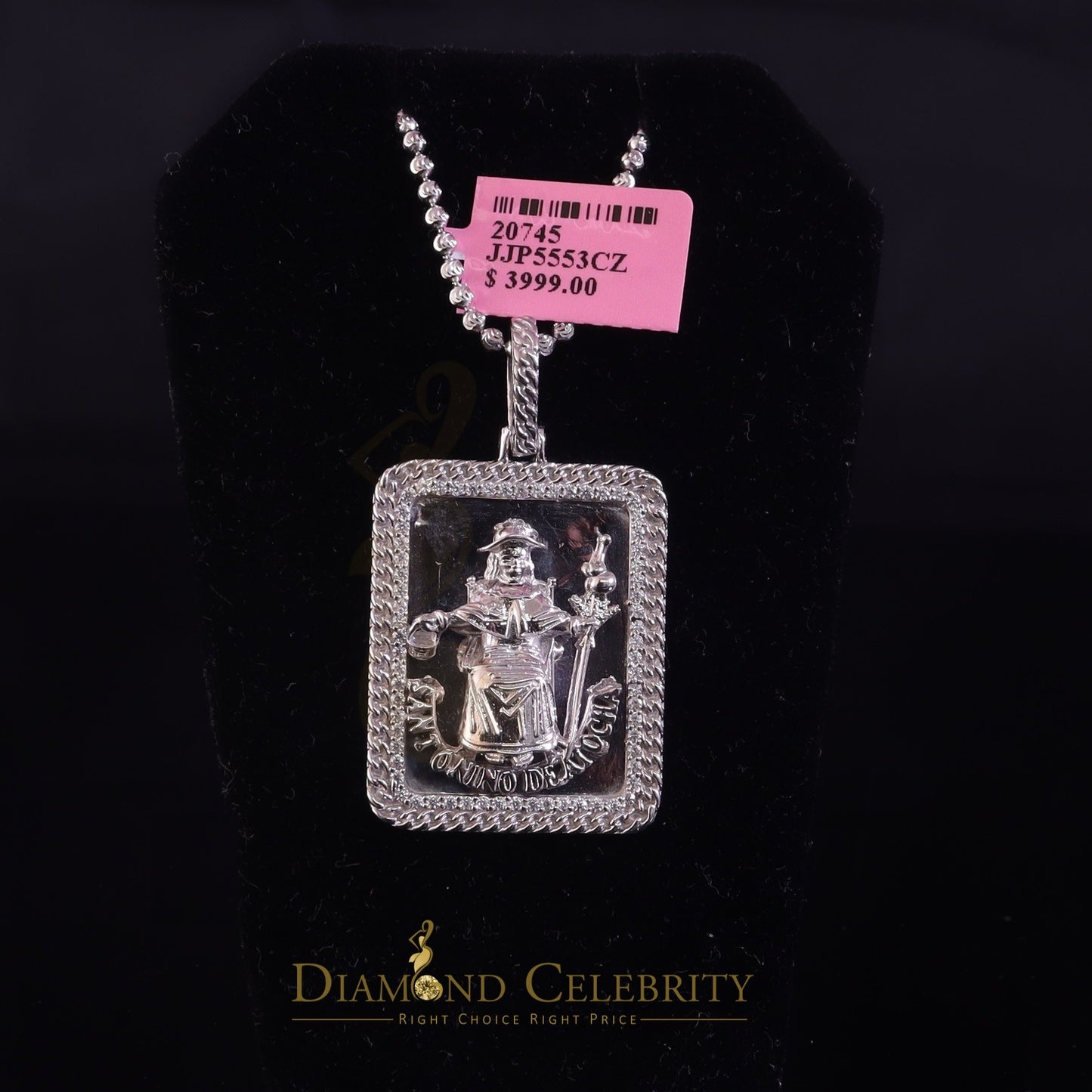 DiamondCelebritees Men's Square Santo Nino De Atocha 3D White '1'inch 925 Silver 0.66ct CZ Pendant